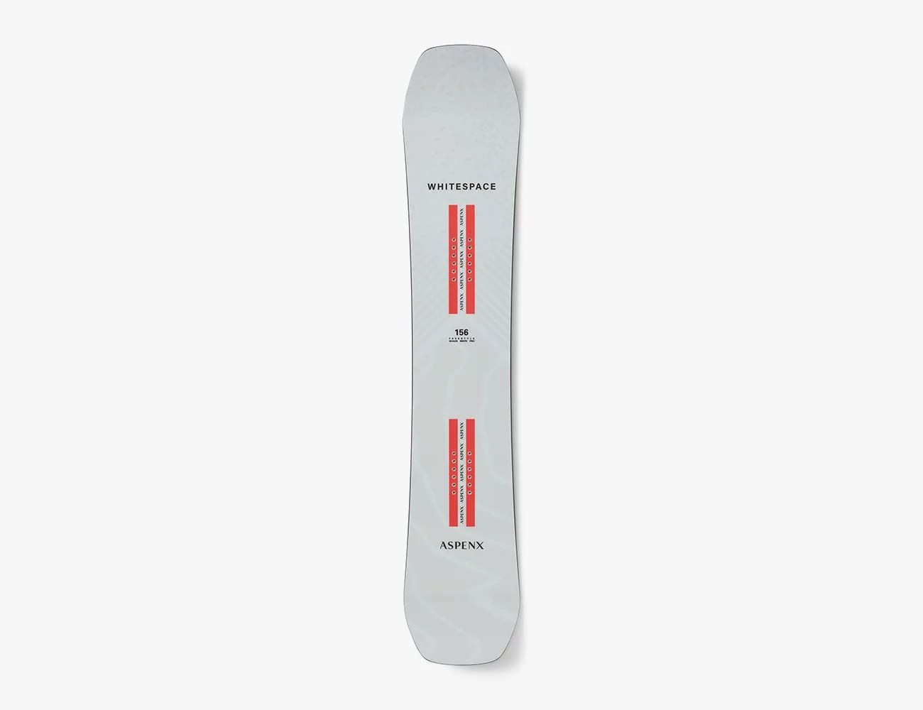 a white snowboard with red stripes and black text on it