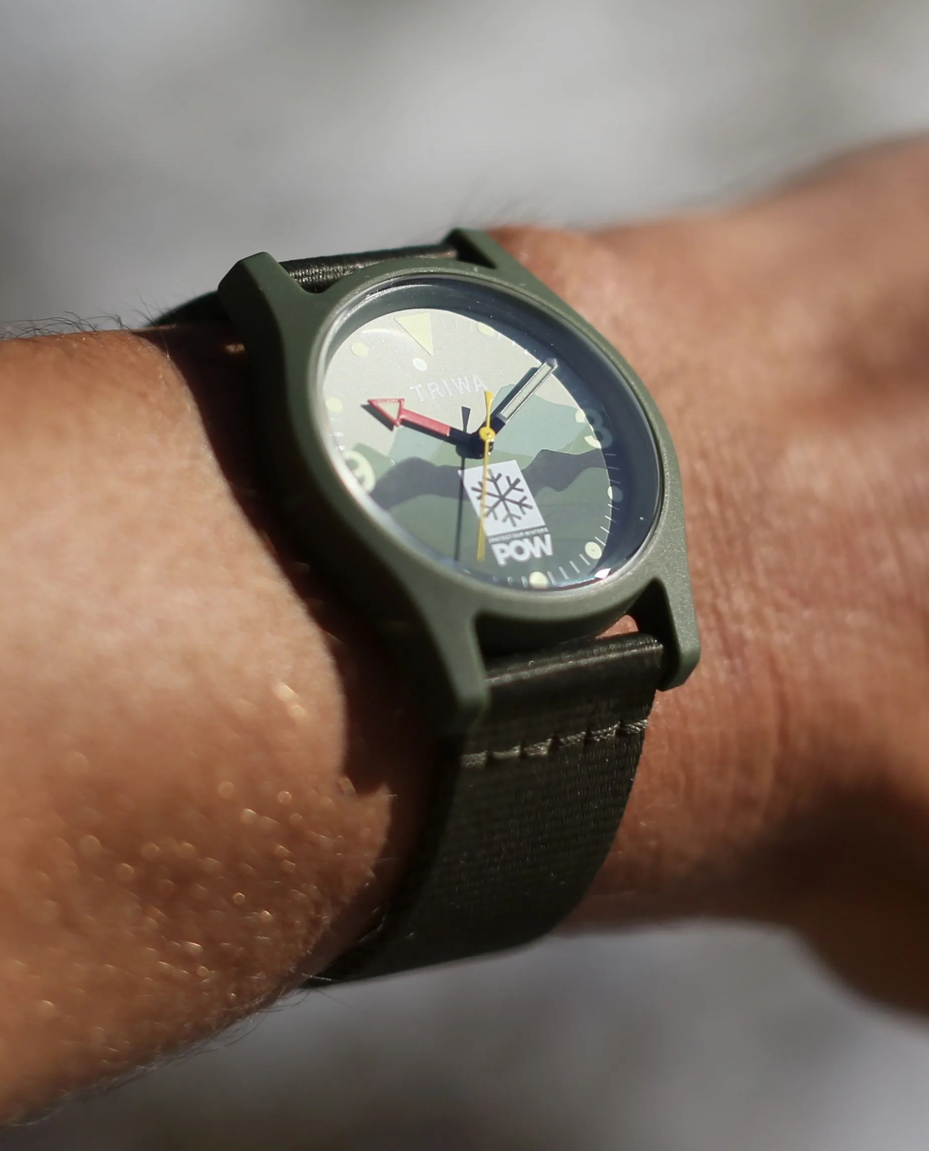 person wearing triwa x pow watch