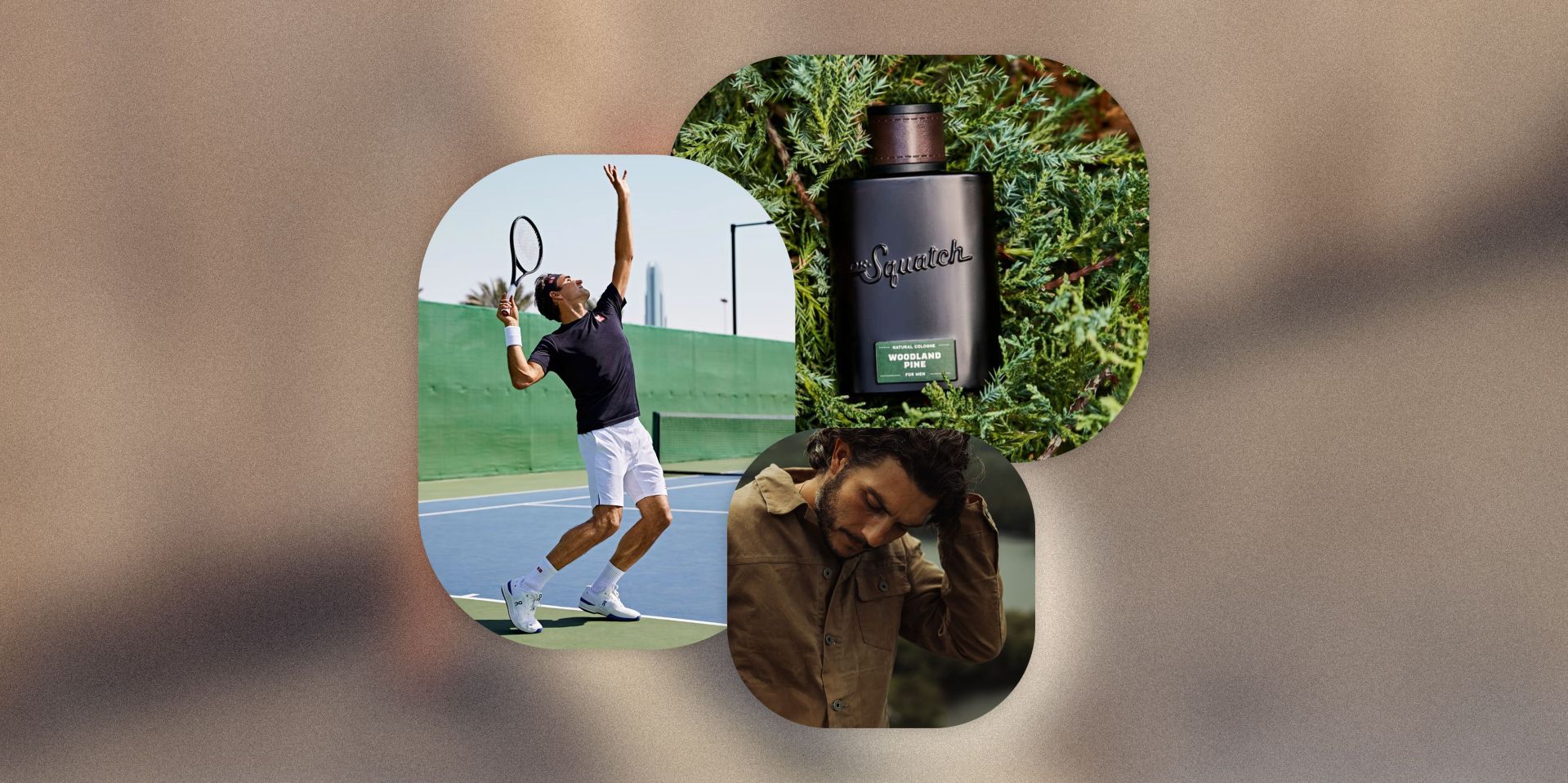 collage of a man playing tennis, a man wearing a jacket, and a bottle of body wash in pine needles