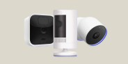 a collage featuring smart home cameras from blink, ring and google