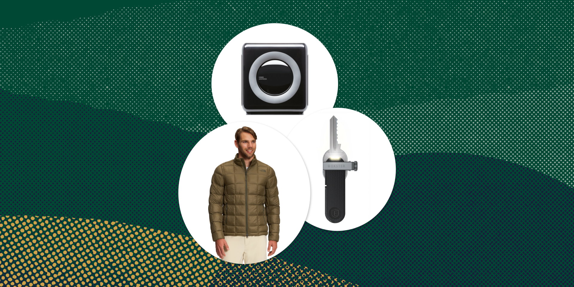collage of an air purifier, a key holder, and a man wearing a jacket