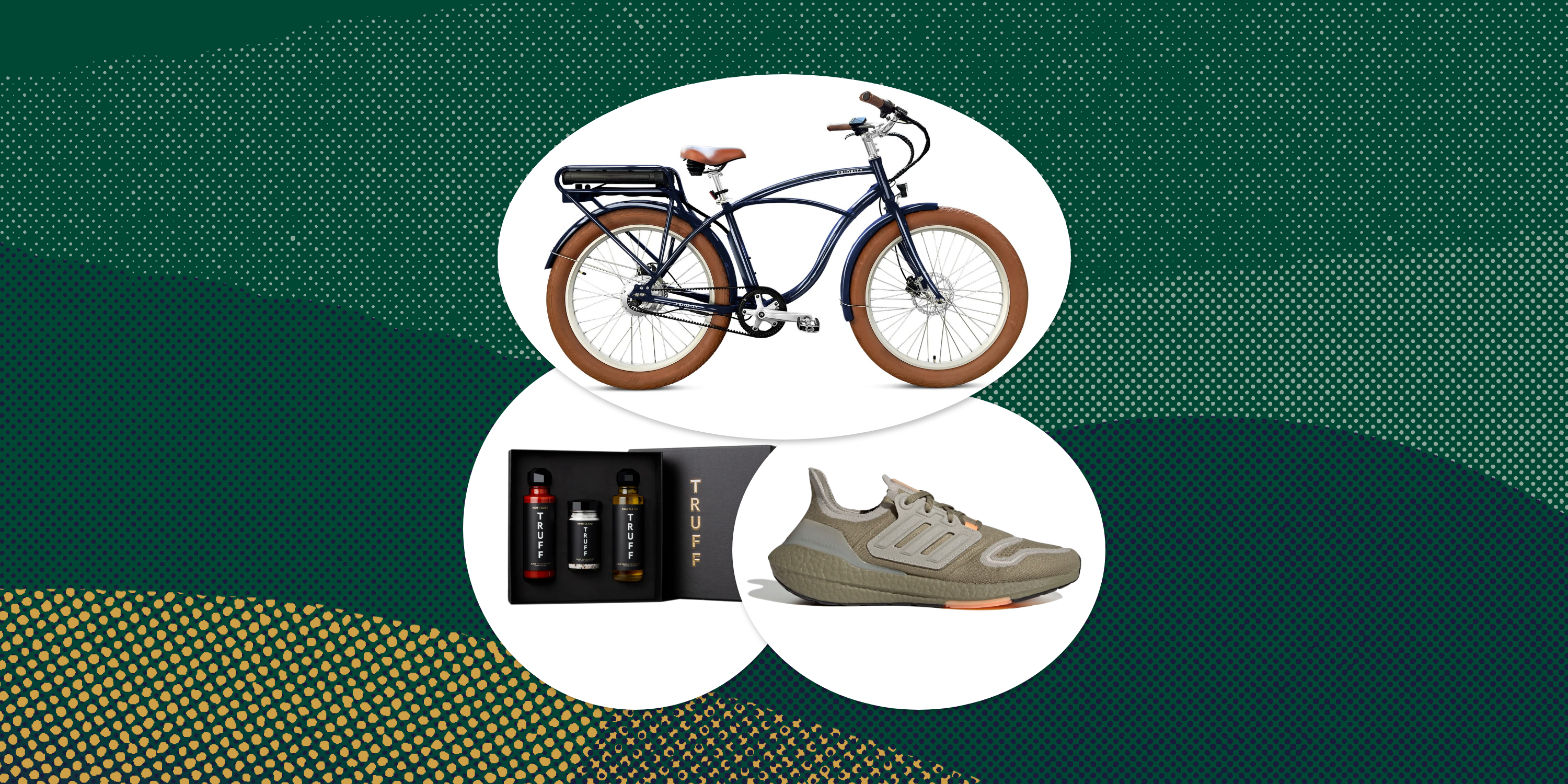 collage of a bike, a running shoe, and jars of sauces