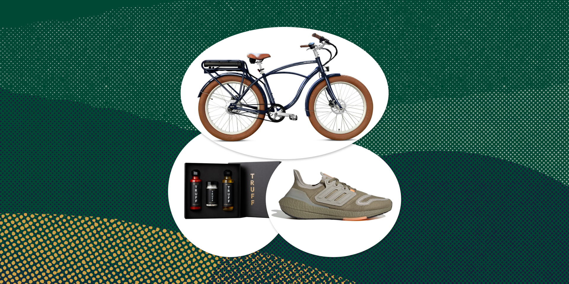 collage of a bike, a running shoe, and jars of sauces