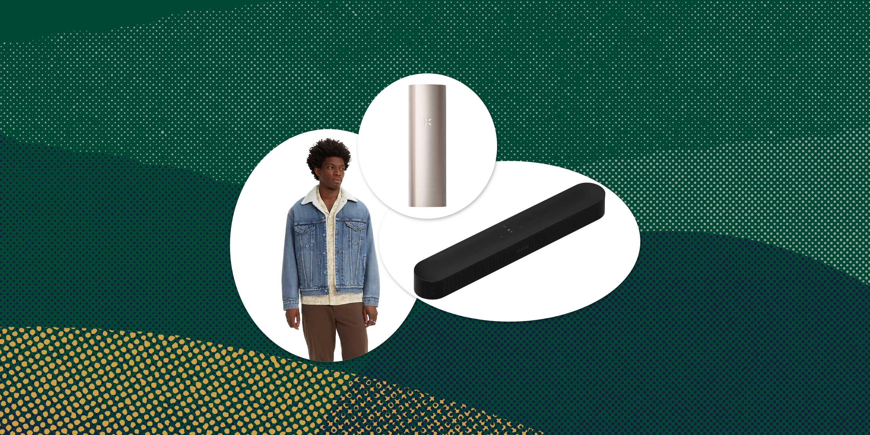 collage of a man wearing a jean jacket, a pax vape, and a soundbar