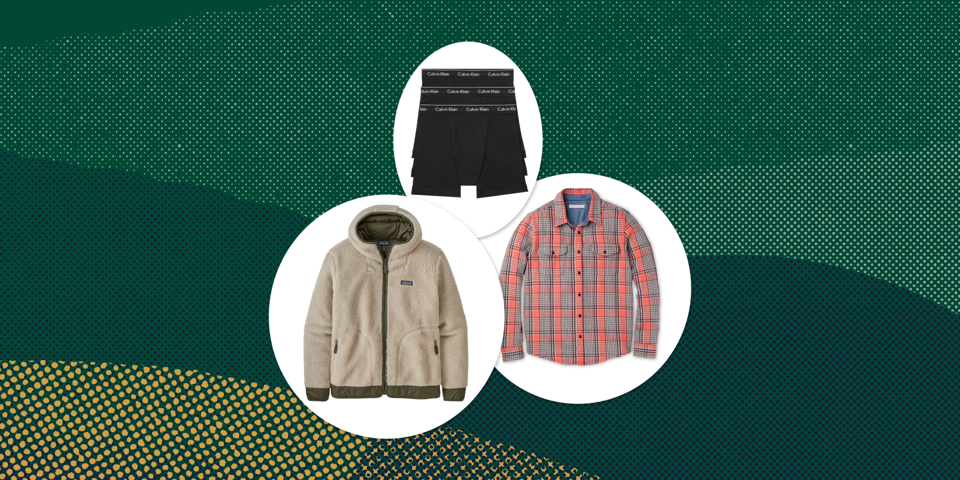 collage of boxer briefs, a zip up jacket, and a button down plaid shirt