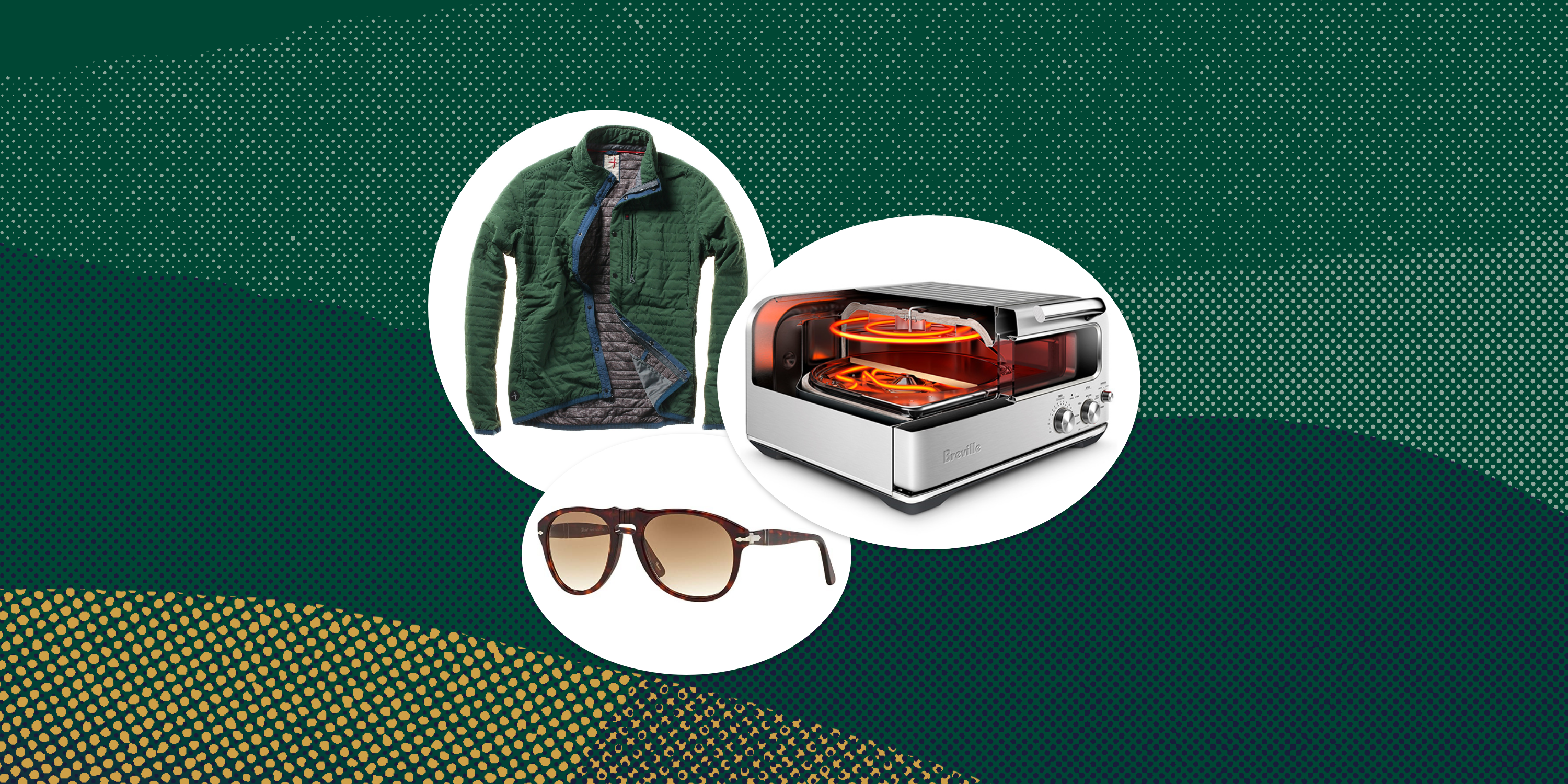 collage of a jacket, a pizza oven, and sunglasses