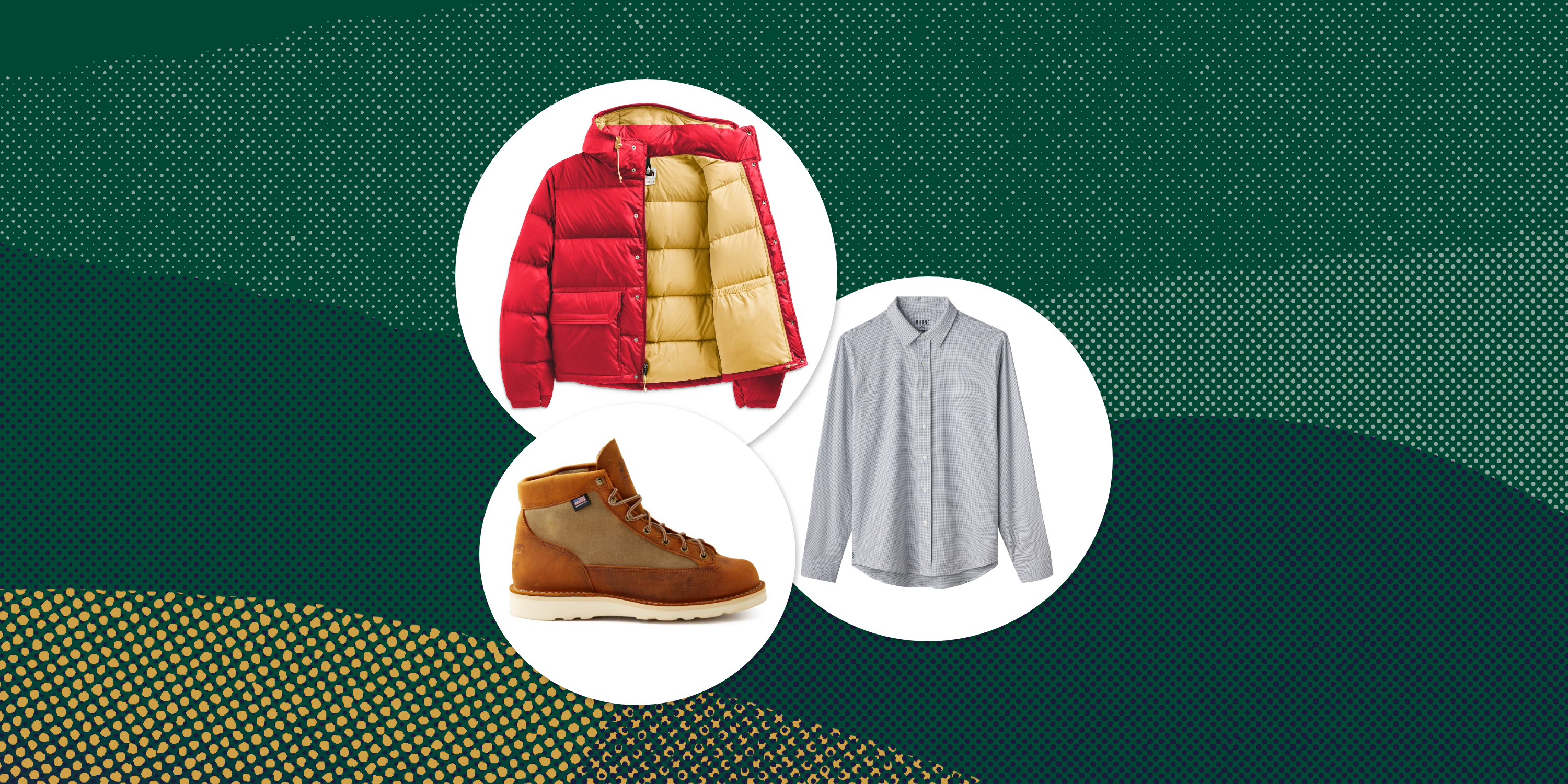 collage of a jacket, boot, and button down shirt