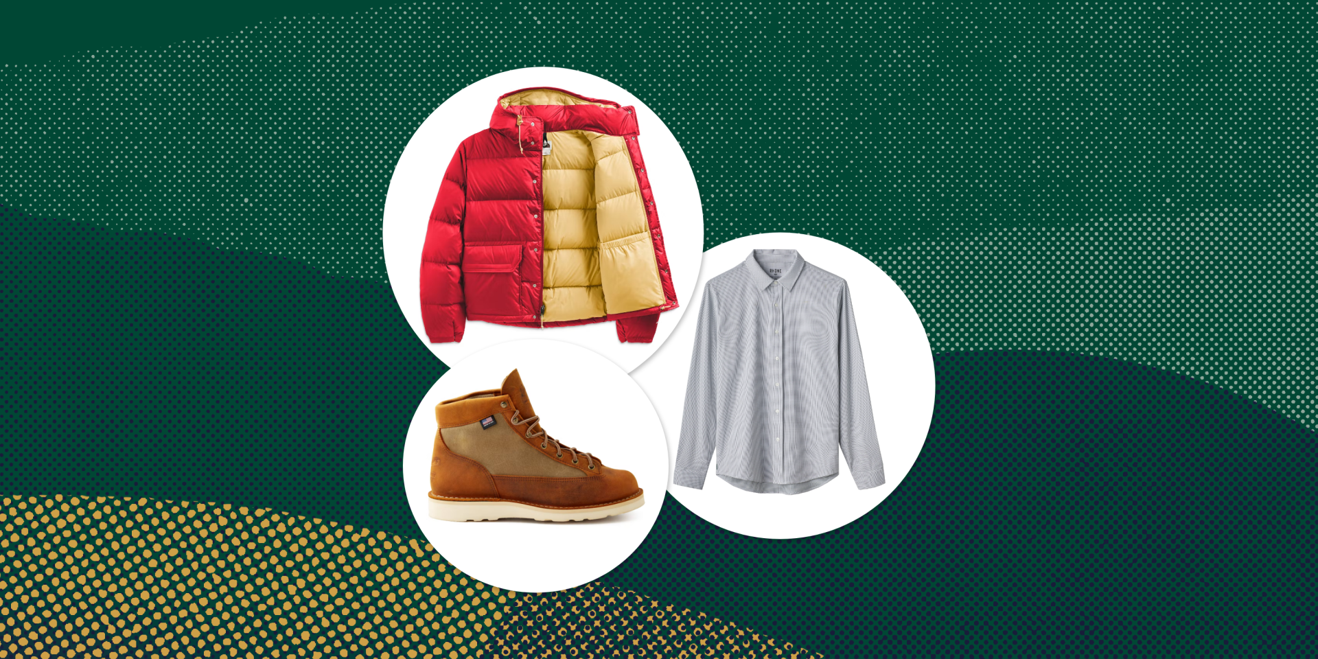 collage of a jacket, boot, and button down shirt