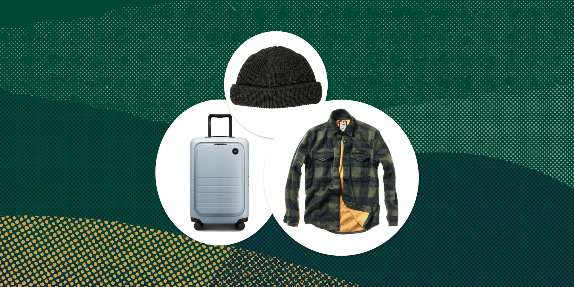 collage of a suitcase, a flannel shirt, and a beanie