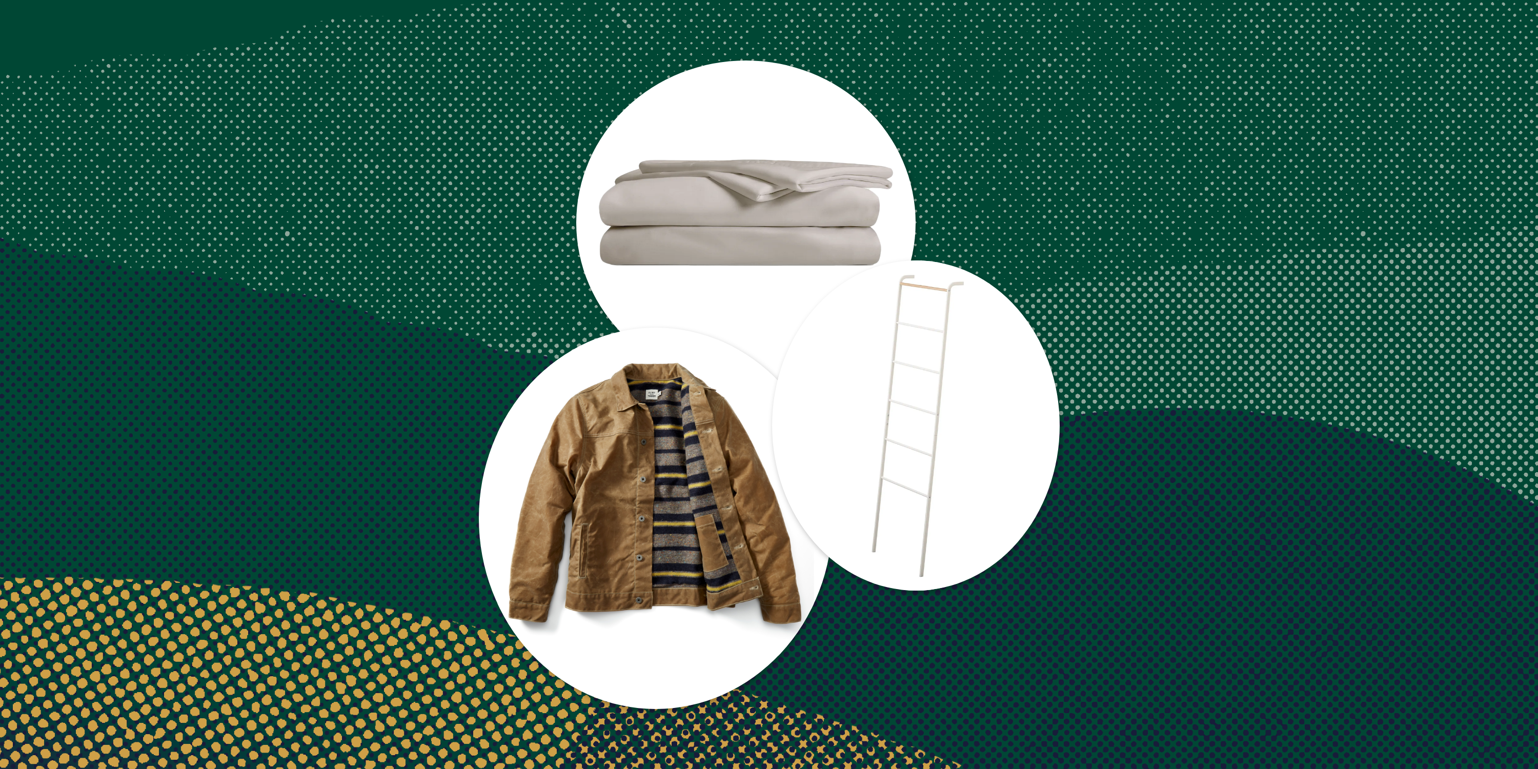 collage of sheets, a jacket, and a ladder