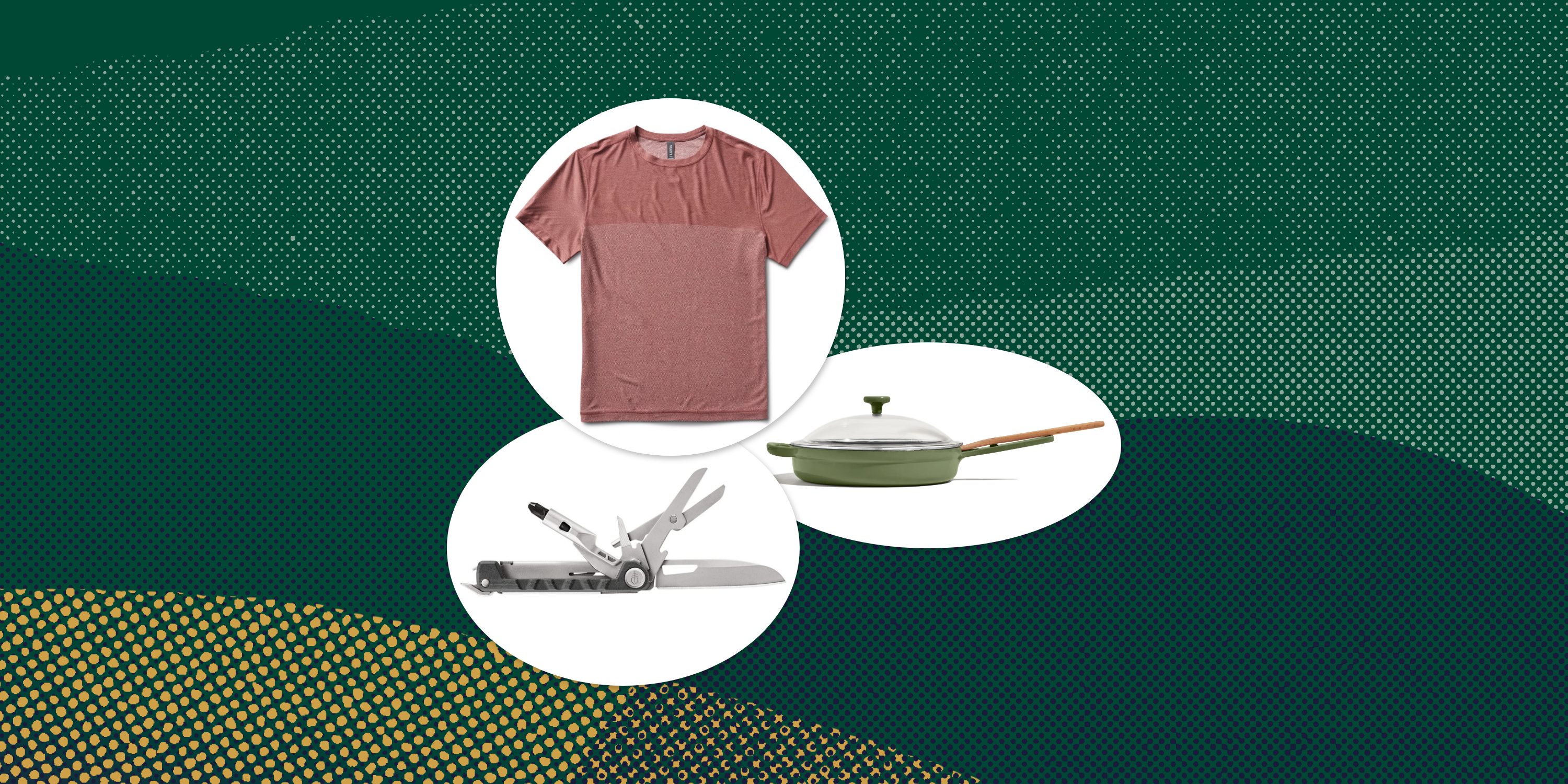 collage of a tshirt, a cast iron skillet, and a pocket knife