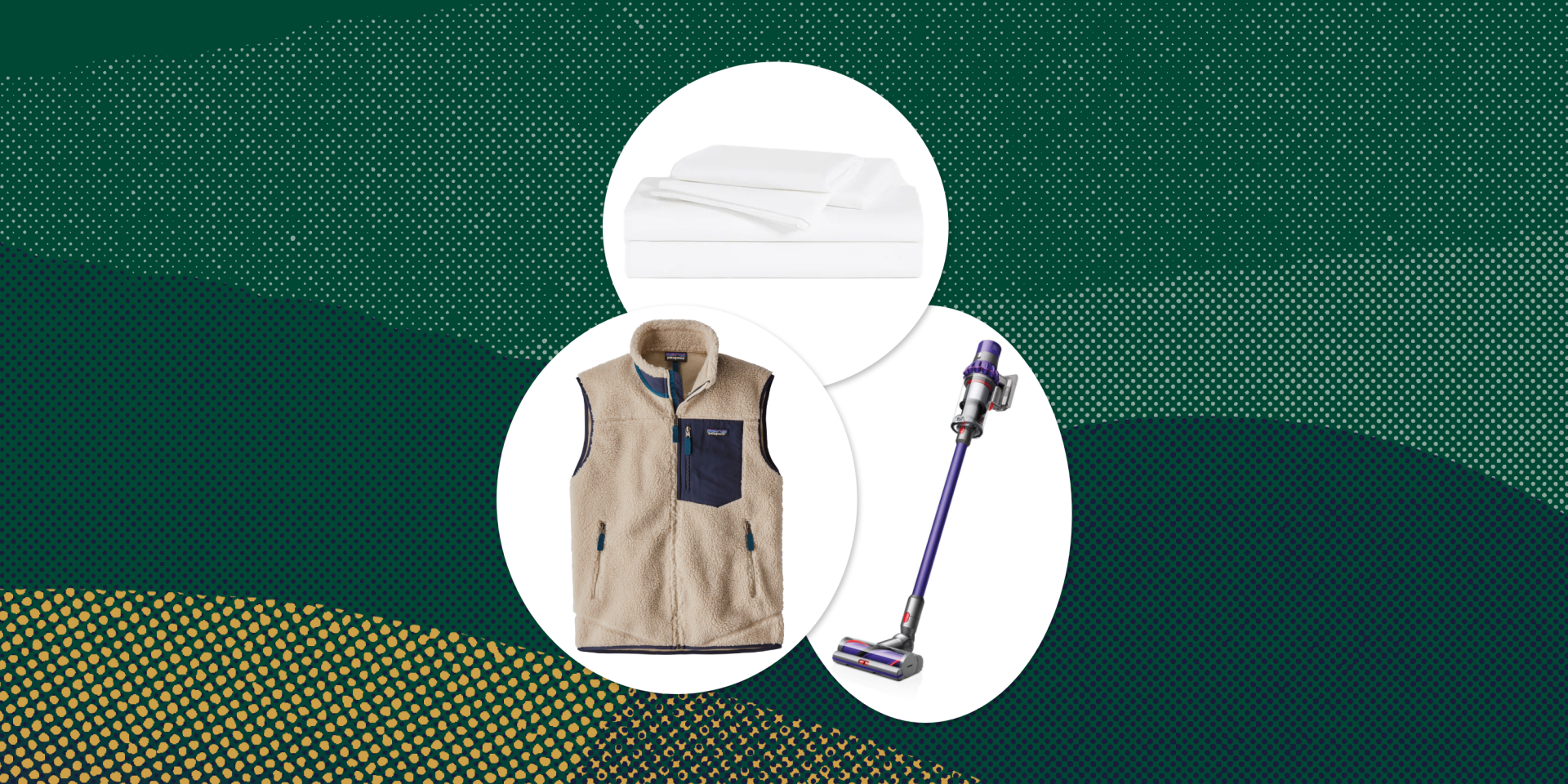 collage of a fleece vest, white sheets, and a vacuum cleaner