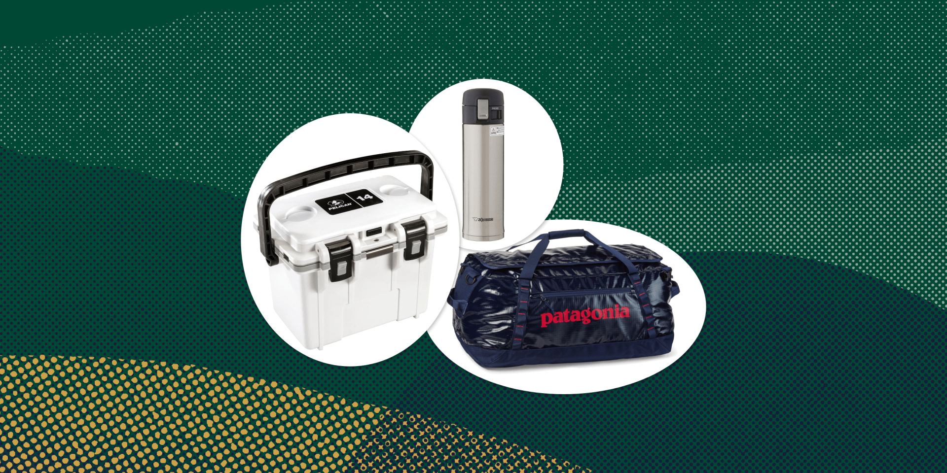 collage of a cooler, a thermos, and a duffel bag