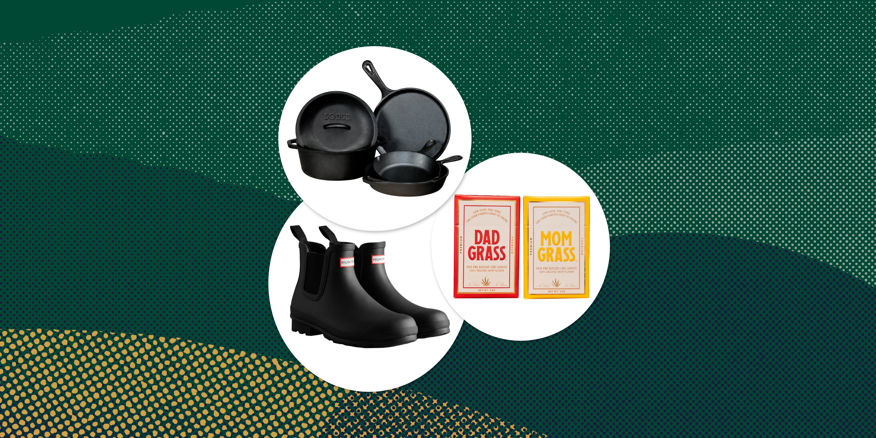 collage of cast iron pans, pre rolled cbd joints, and black rubber boots