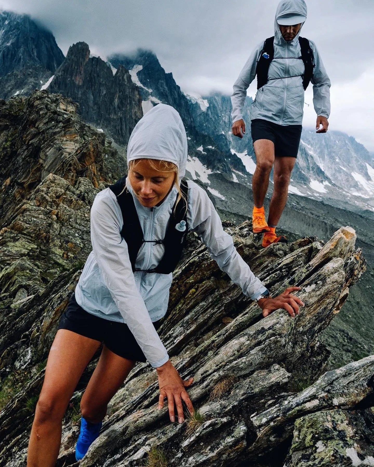 two people hiking wearing arc'teryx vertex sneakers