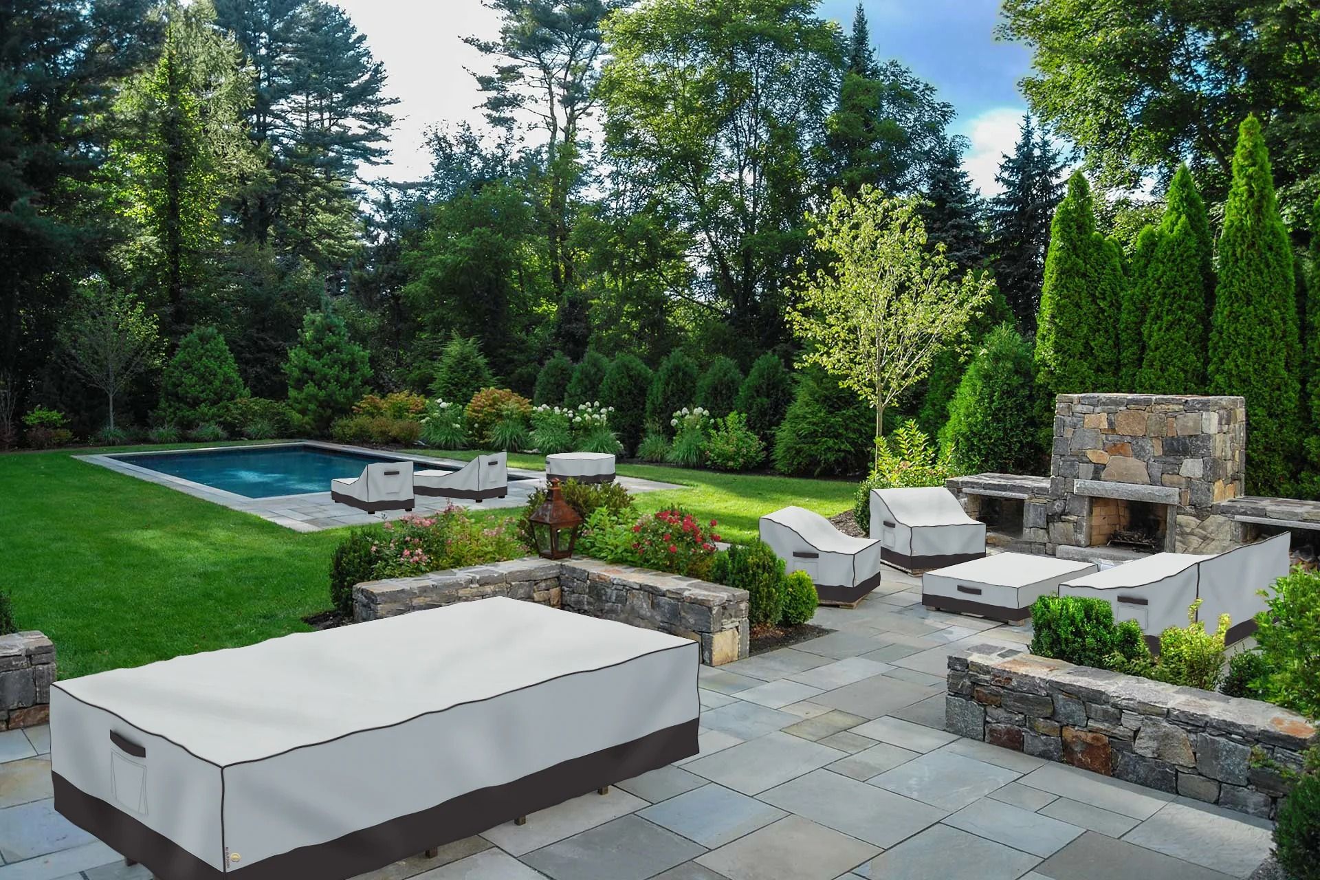 backyard with patio furniture covered