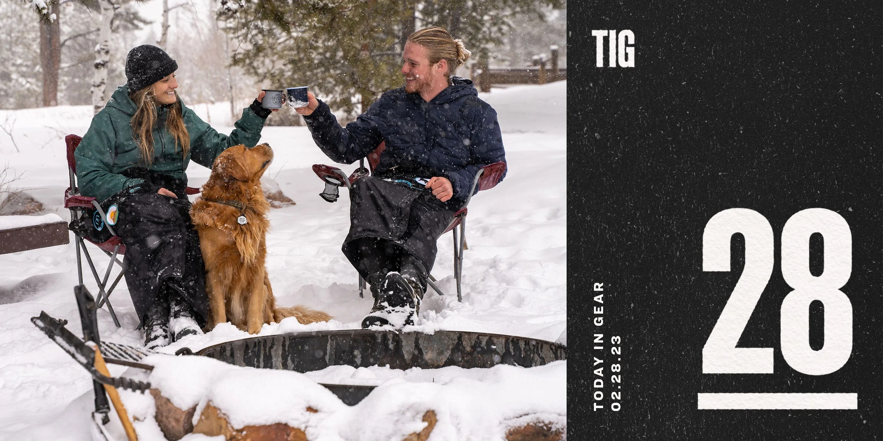 today in gear february 28 2023 two people clinking their mugs using their mozy blankets while it's snowing