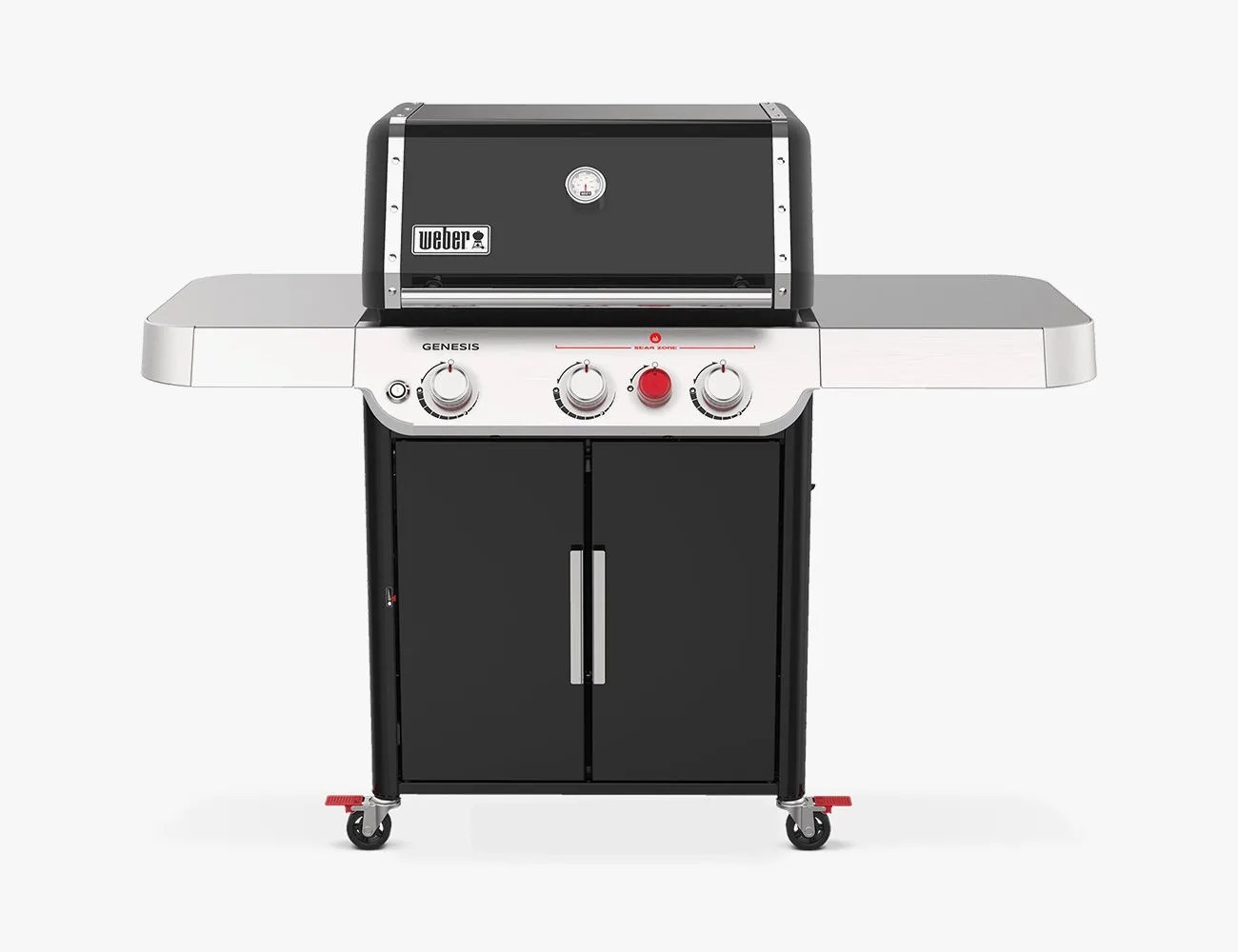 genesis e 325s 3 burner propane gas grill in black with built in thermometer