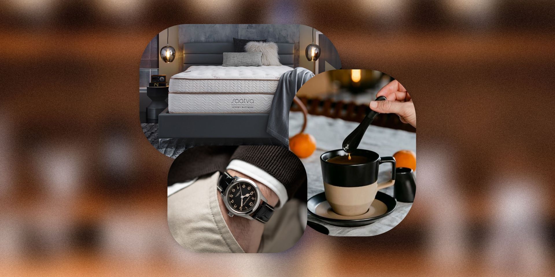 collage of a mattress in a bedroom, a man wearing a watch with his hand in a pocket, and a person stirring a spoon in a coffee cup