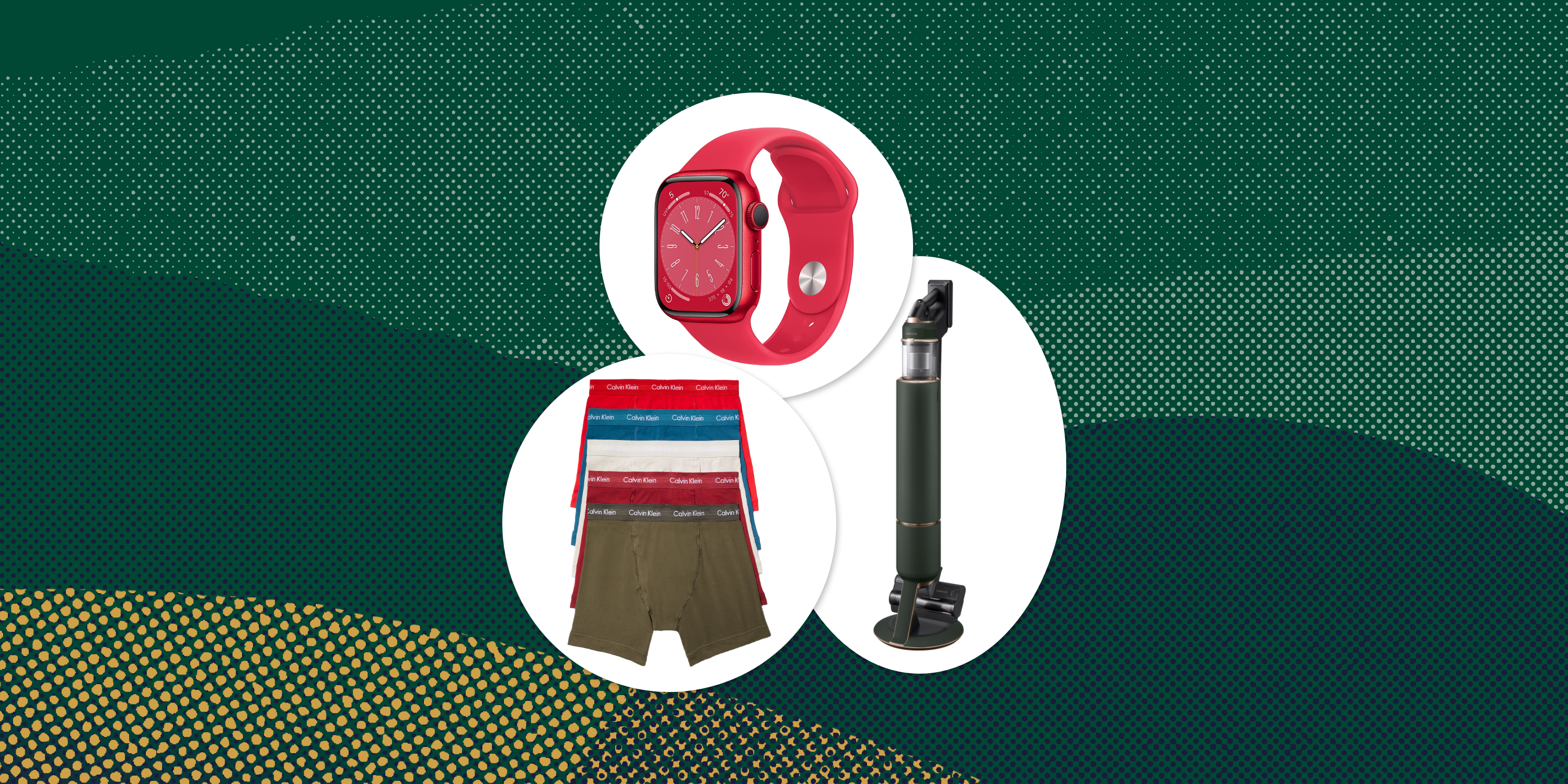 collage of a red apple watch, boxer briefs, and a vacuum cleaner