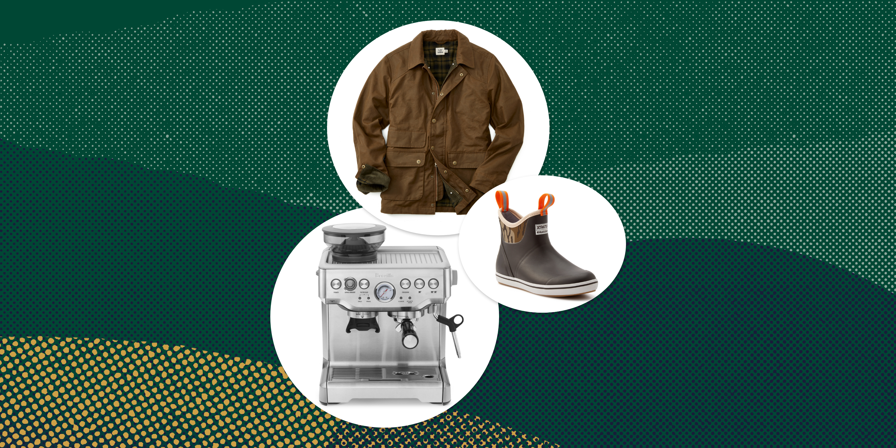 collage of an espresso machine, a boot, and a jacket