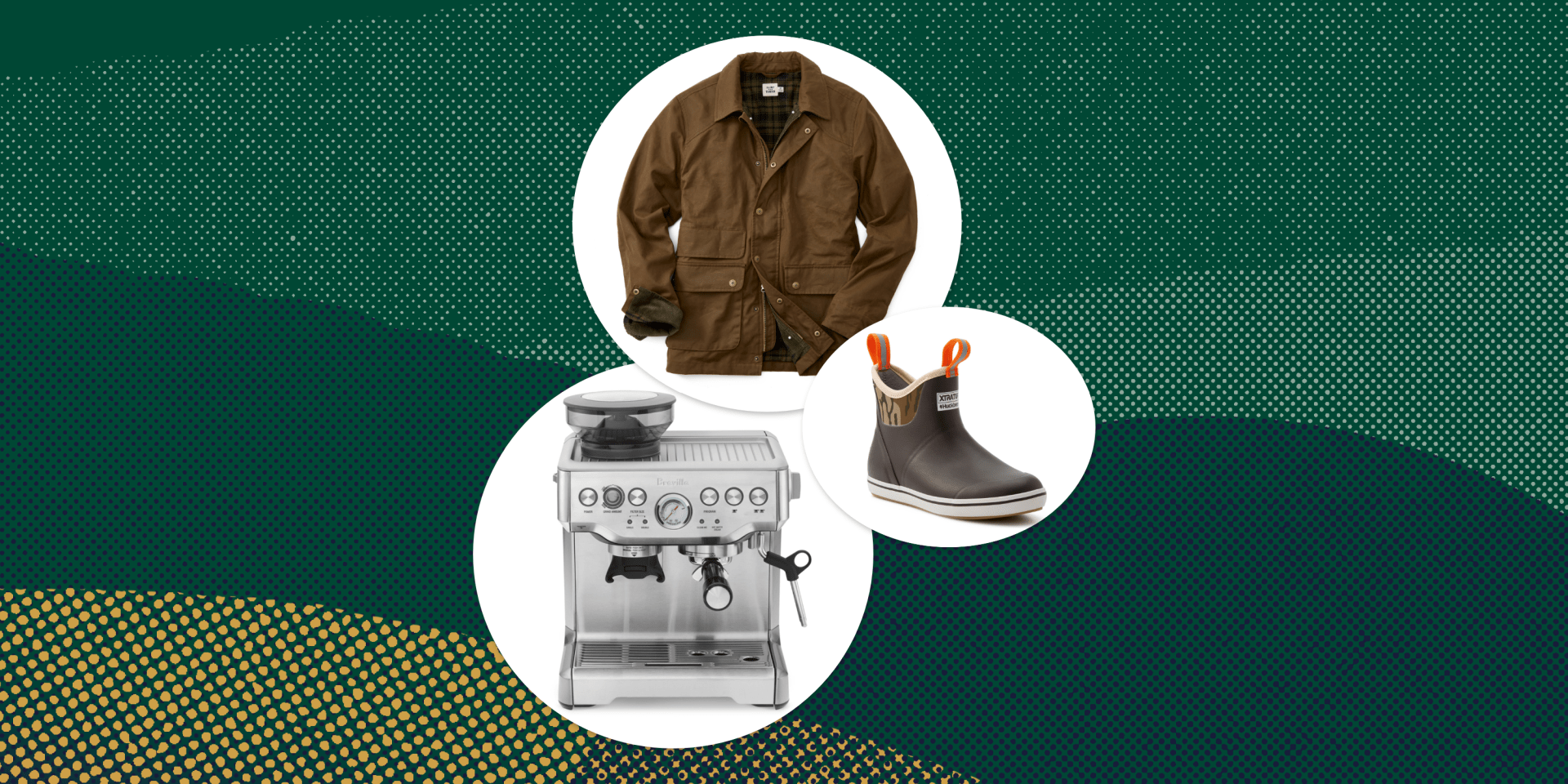 collage of an espresso machine, a boot, and a jacket