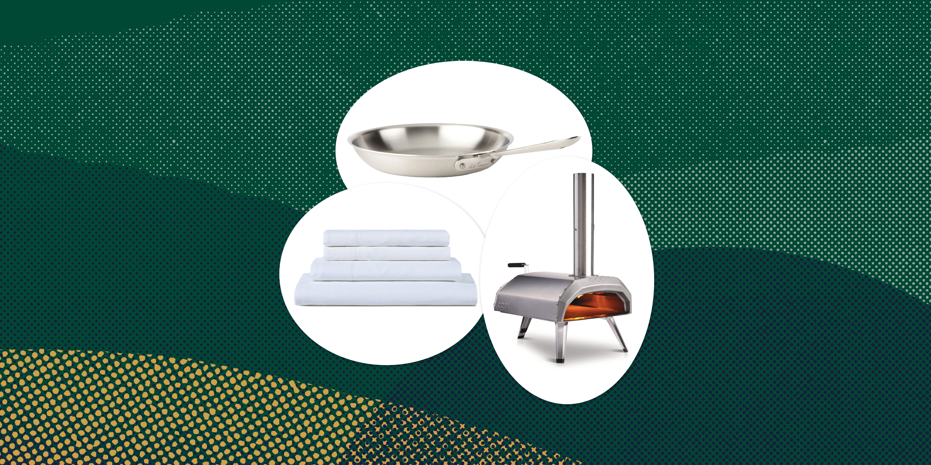 collage of a frying pan, a sheet set, and a pizza oven