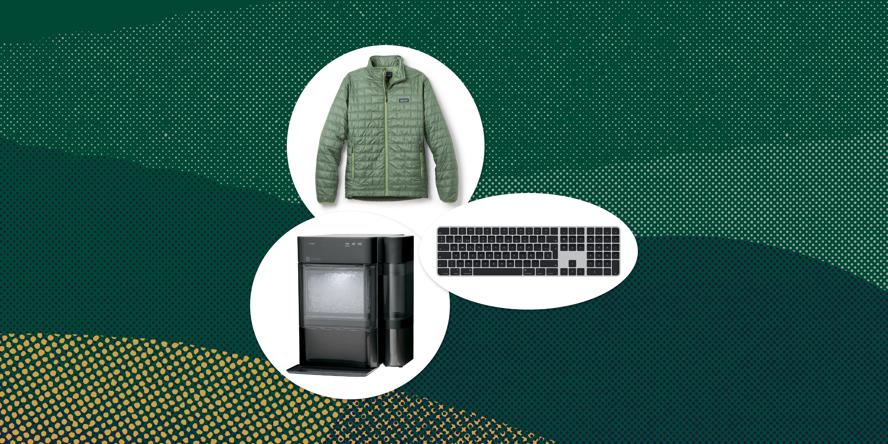 collage of a green zip up jacket, a key board, and an ice machine