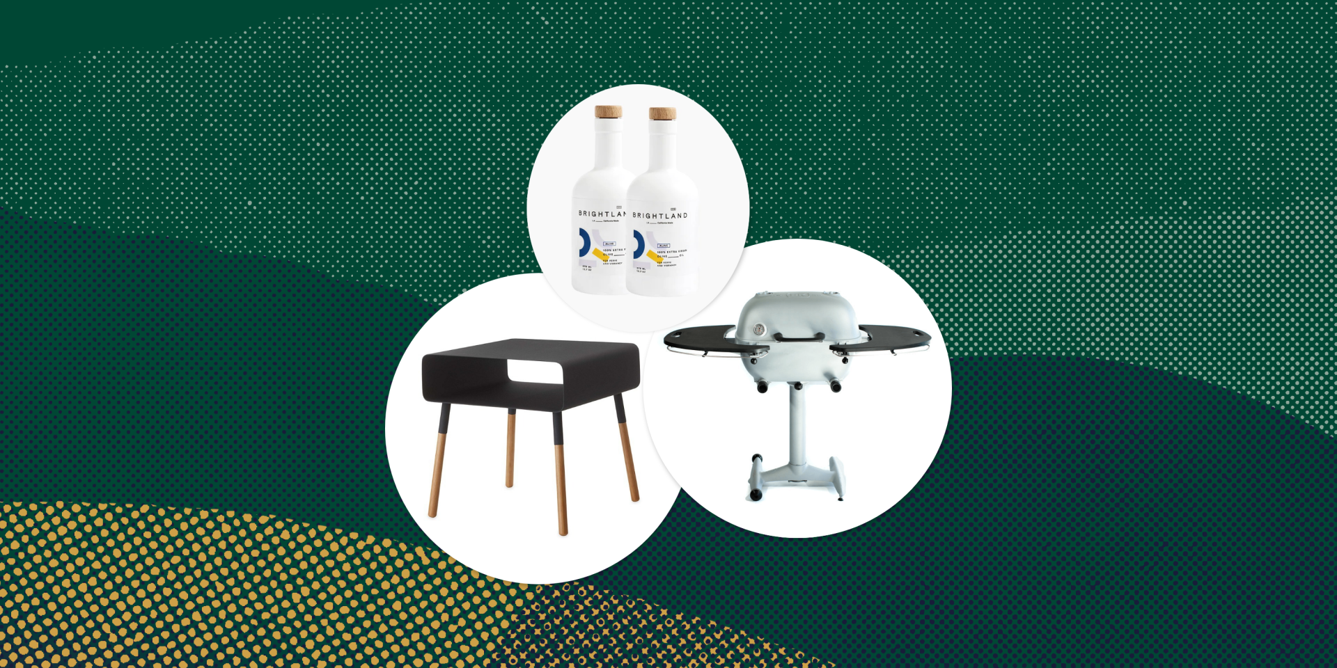 collage of 2 bottles, a table, and a grill