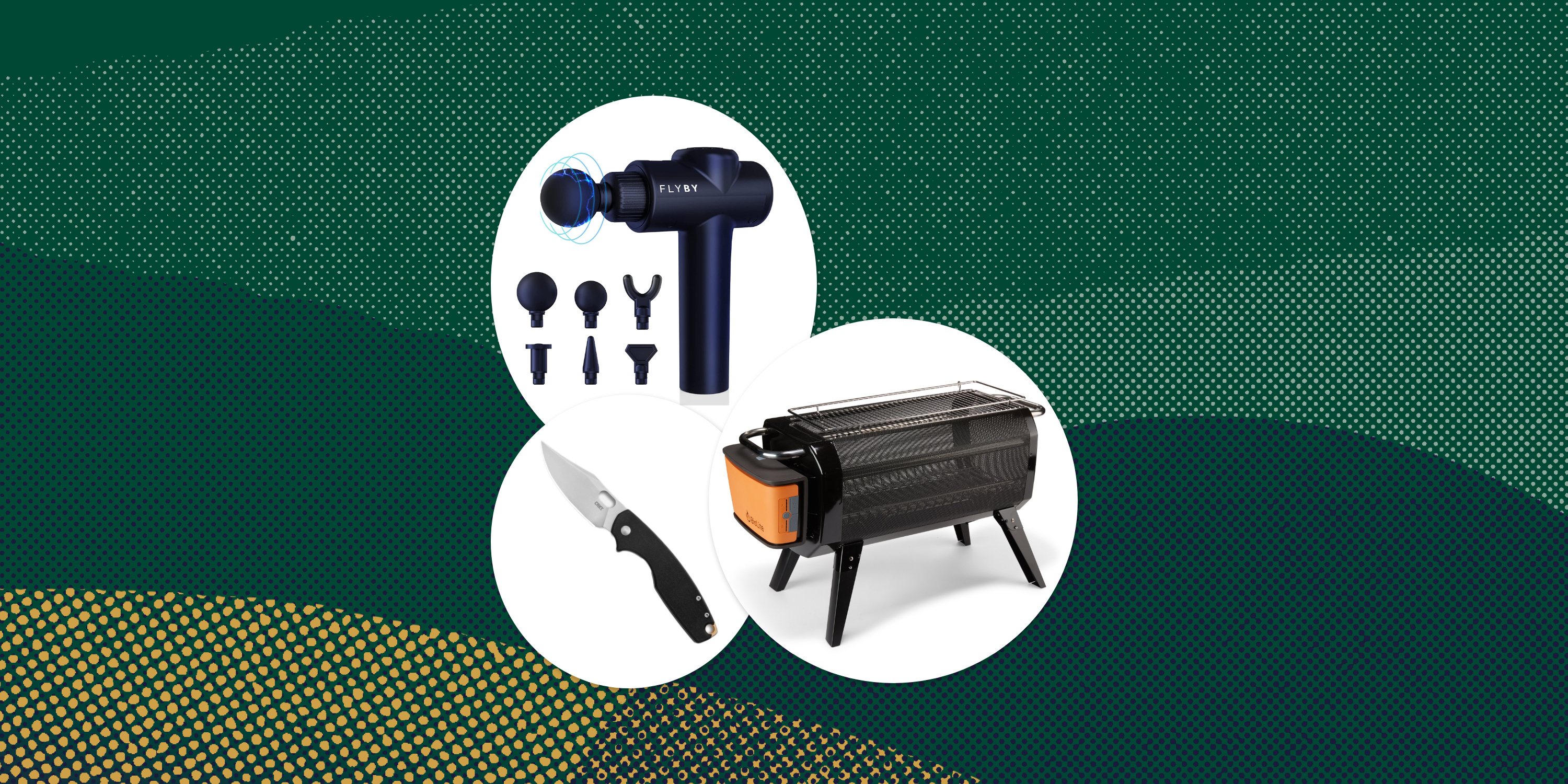 collage of a knife, a massage gun, and a firepit
