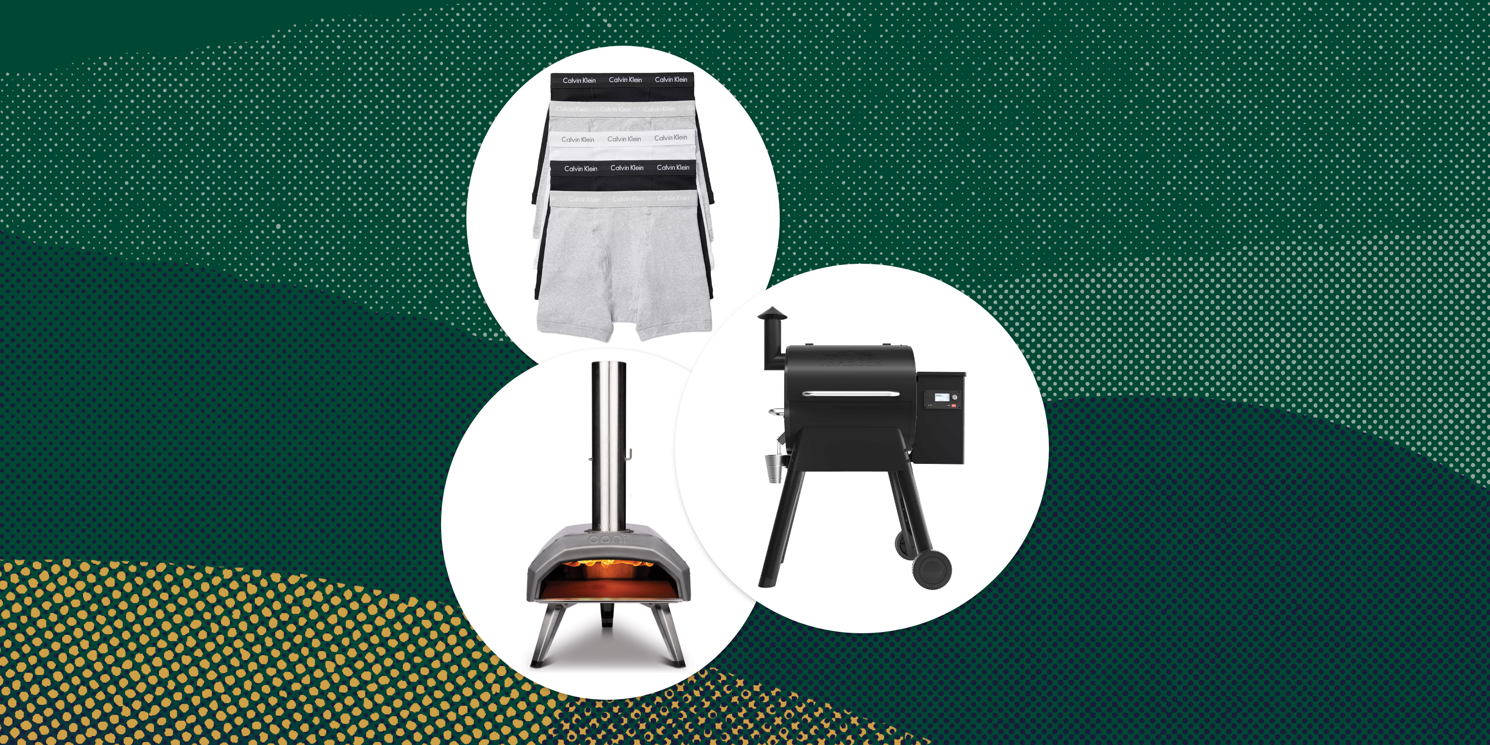 collage of boxer briefs, a pizza oven, and a grill