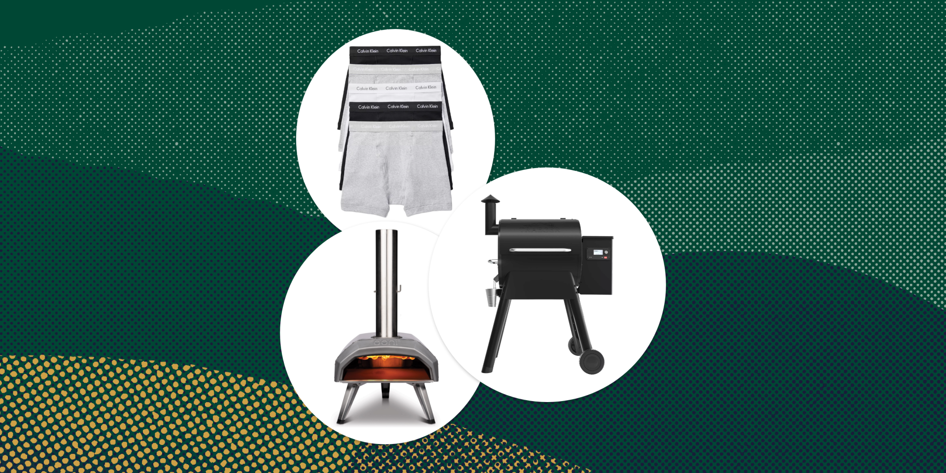 collage of boxer briefs, a pizza oven, and a grill