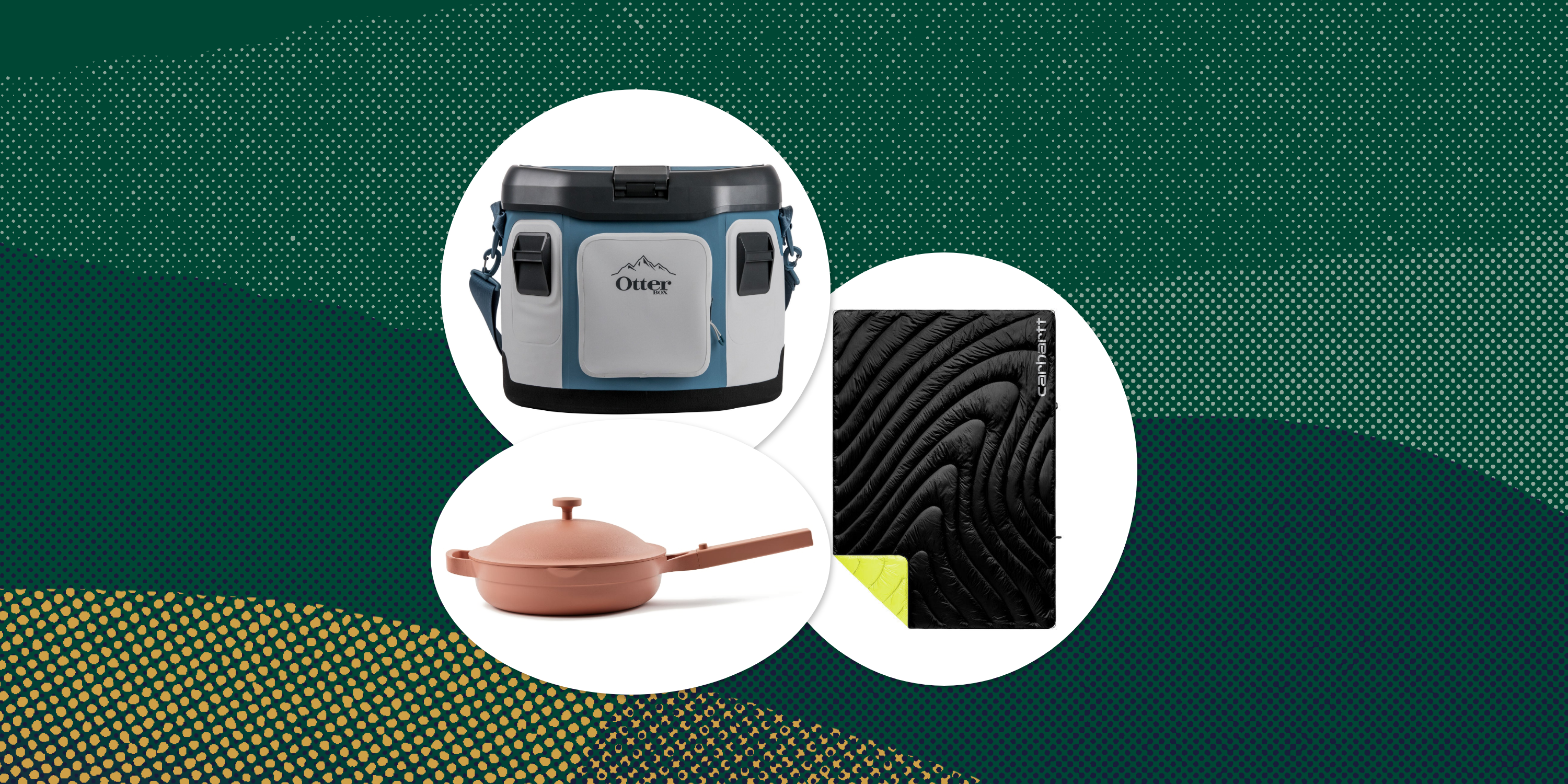 collage of a cooler, a blanket, and a pan