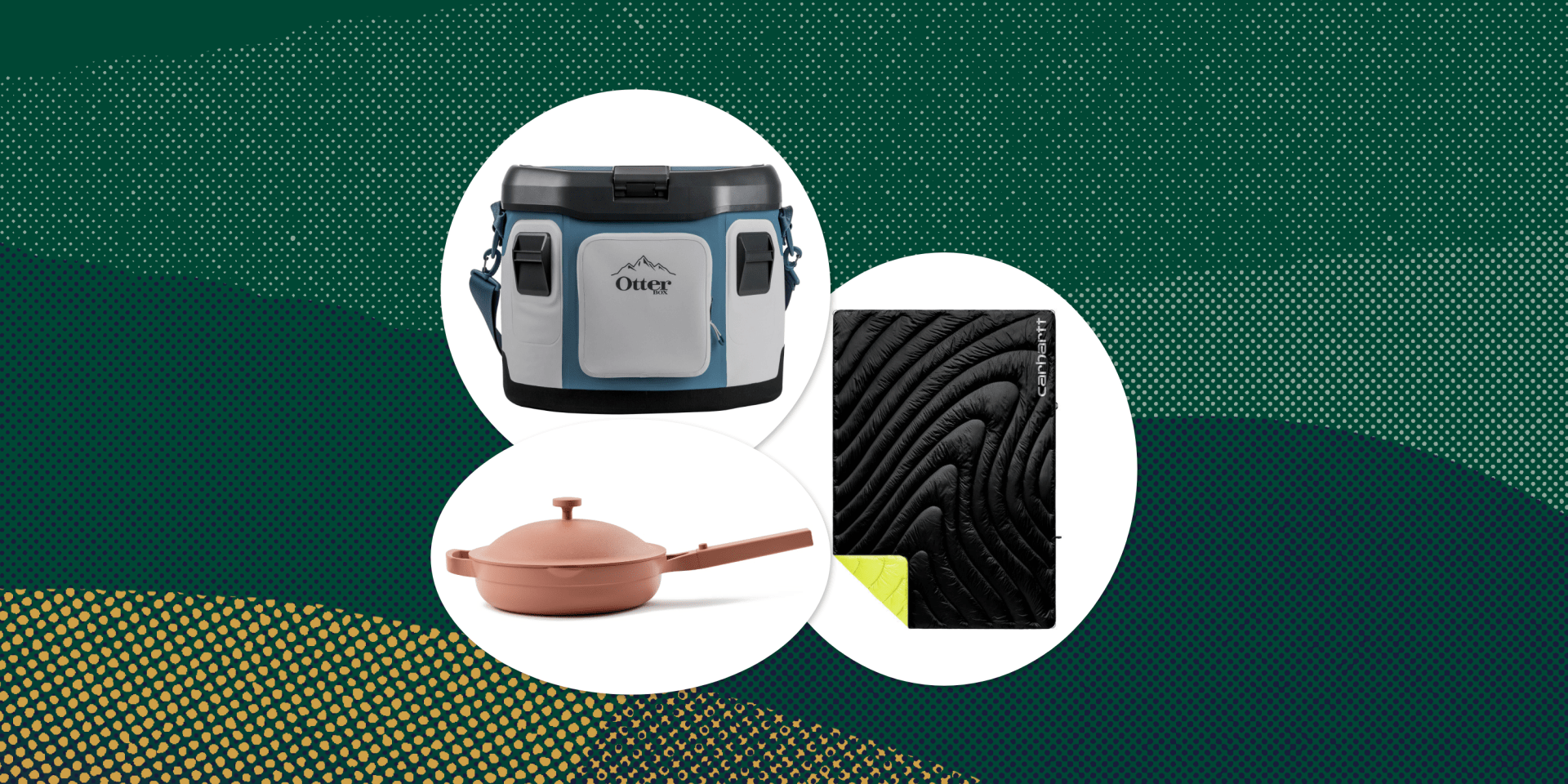 collage of a cooler, a blanket, and a pan