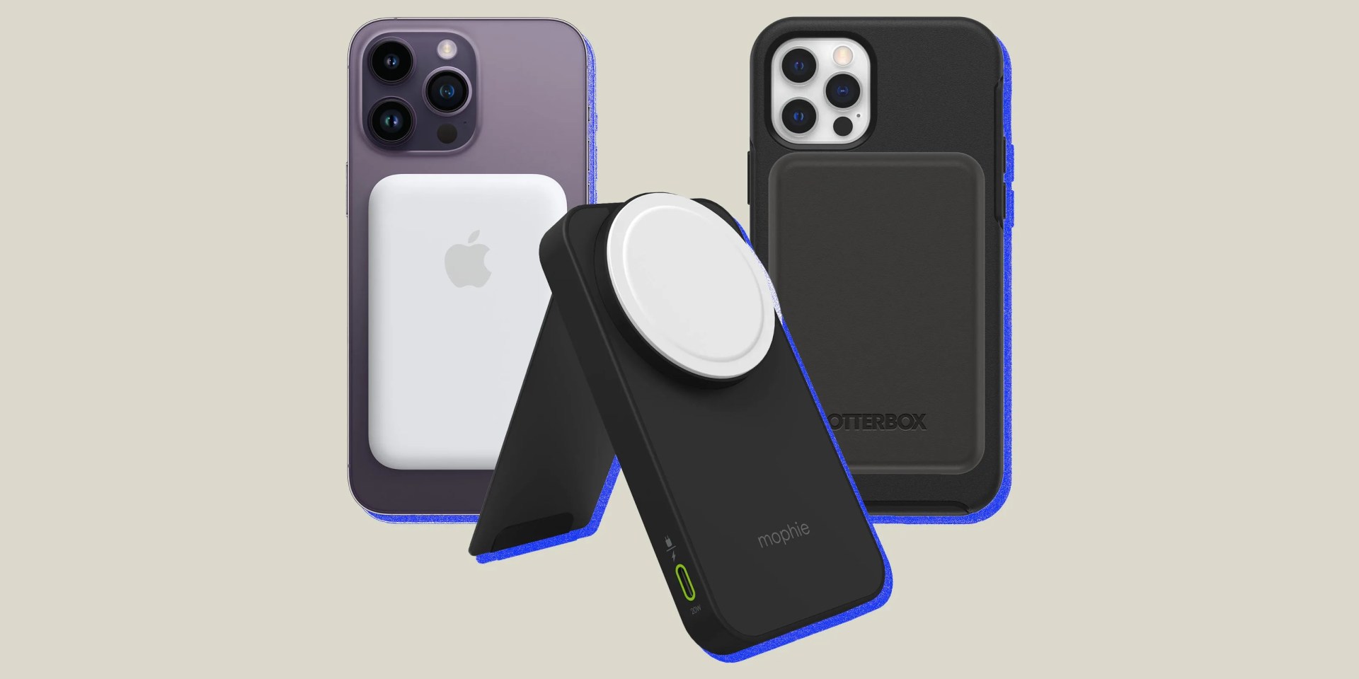 collage of two iphones with a magsafe battery pack and a battery pack standing in the center