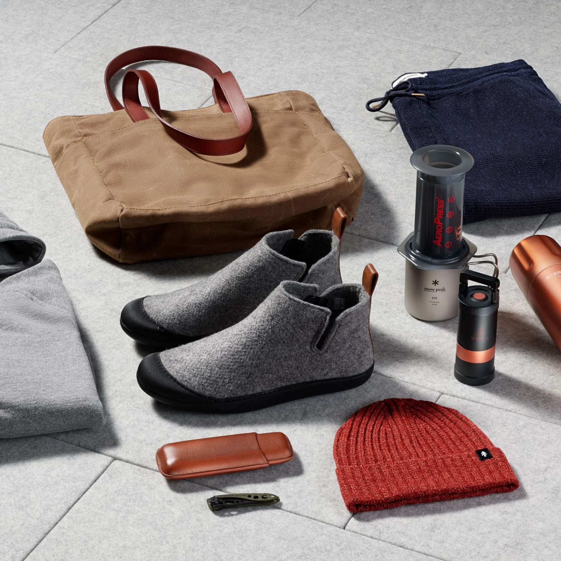 hat, shoes, tote, pants, jacket, coffee machine, flashlight, knife holder, knife, and thermoflask