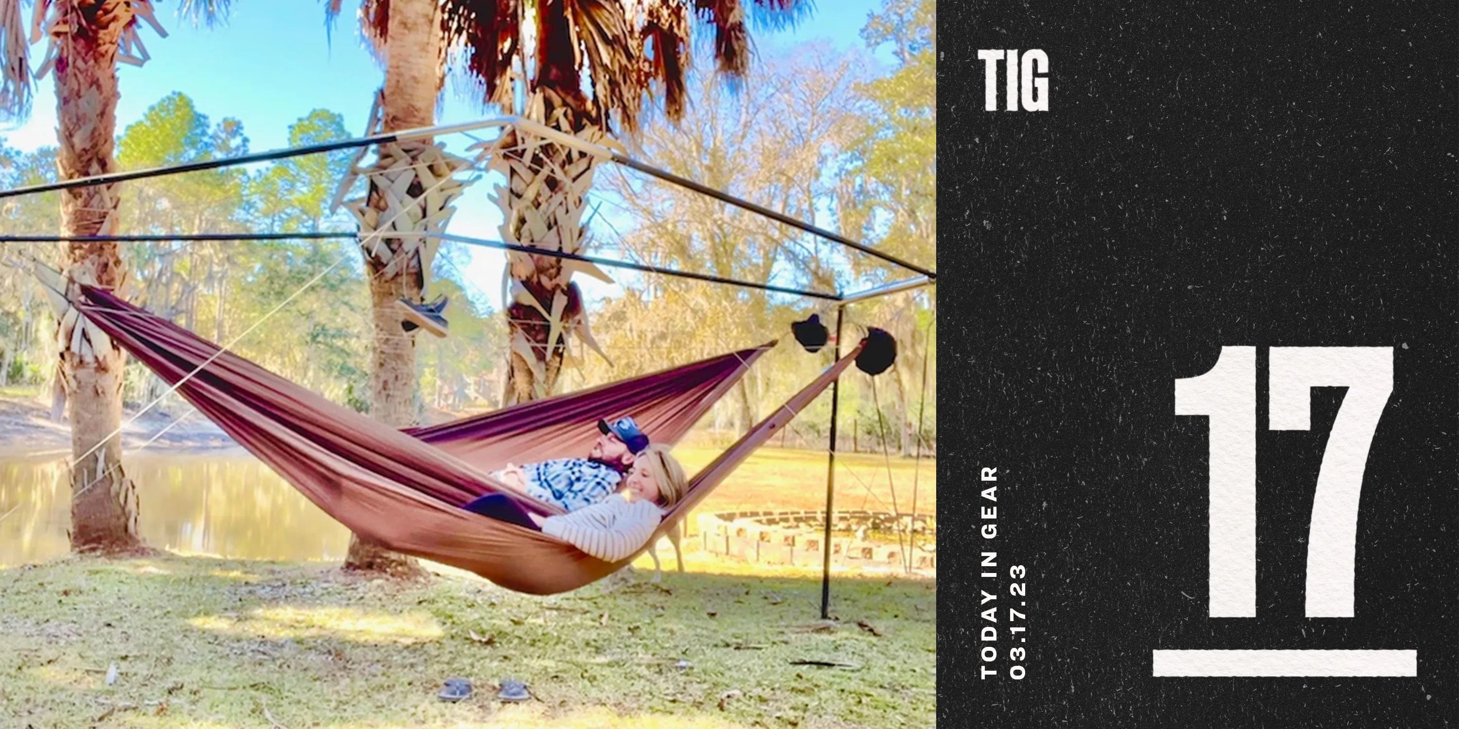 today in gear march 17 2023 man and woman resting in hive hammock stand