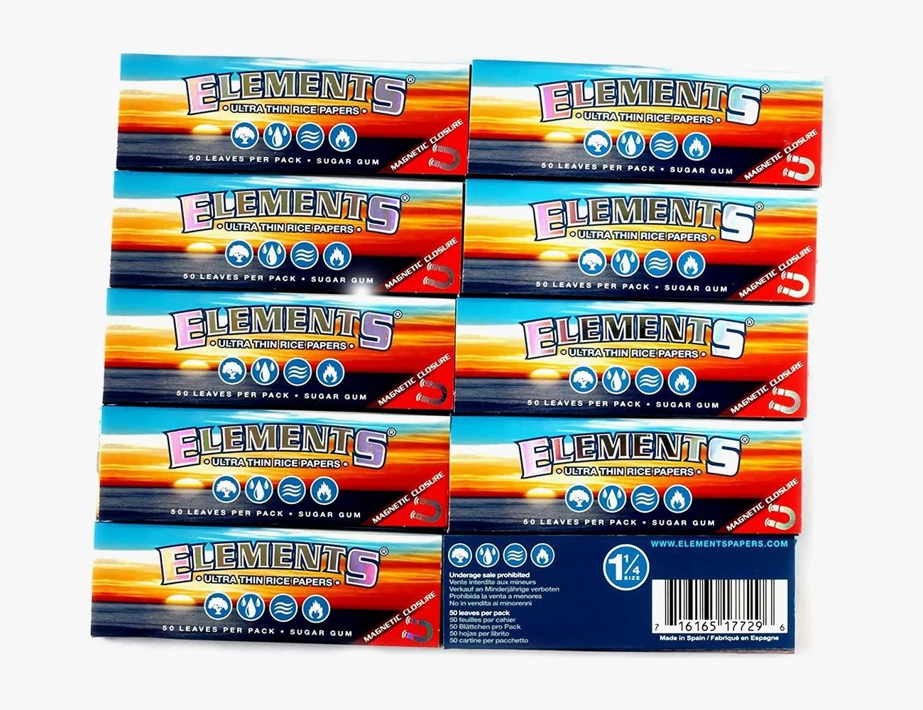 Elements 1.25 1 1/4 Size Ultra Thin Rice Rolling Paper with Magnetic Closure, 50 Count (Pack of 10)