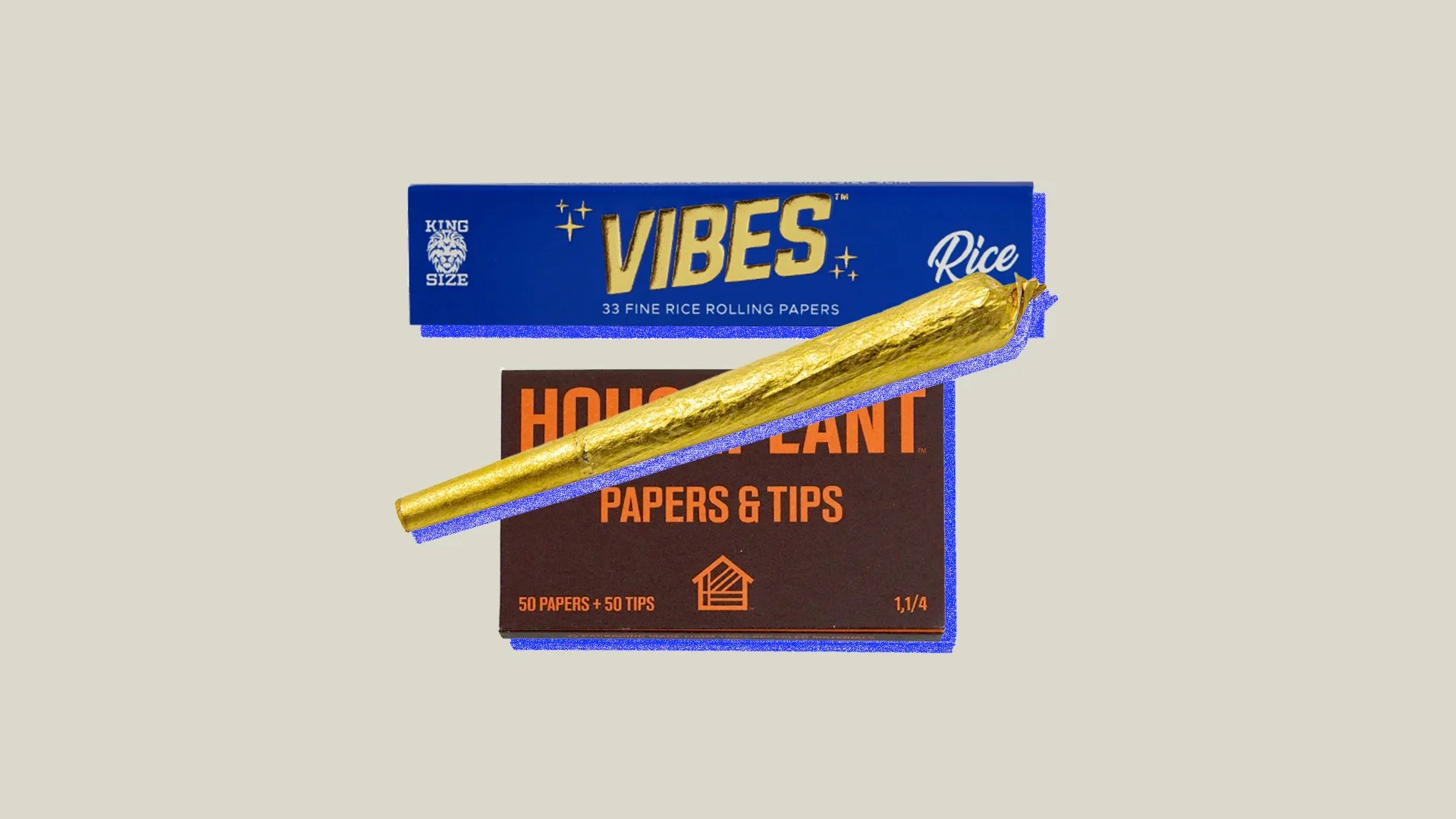 collage of two rolling paper packs and a gold joint