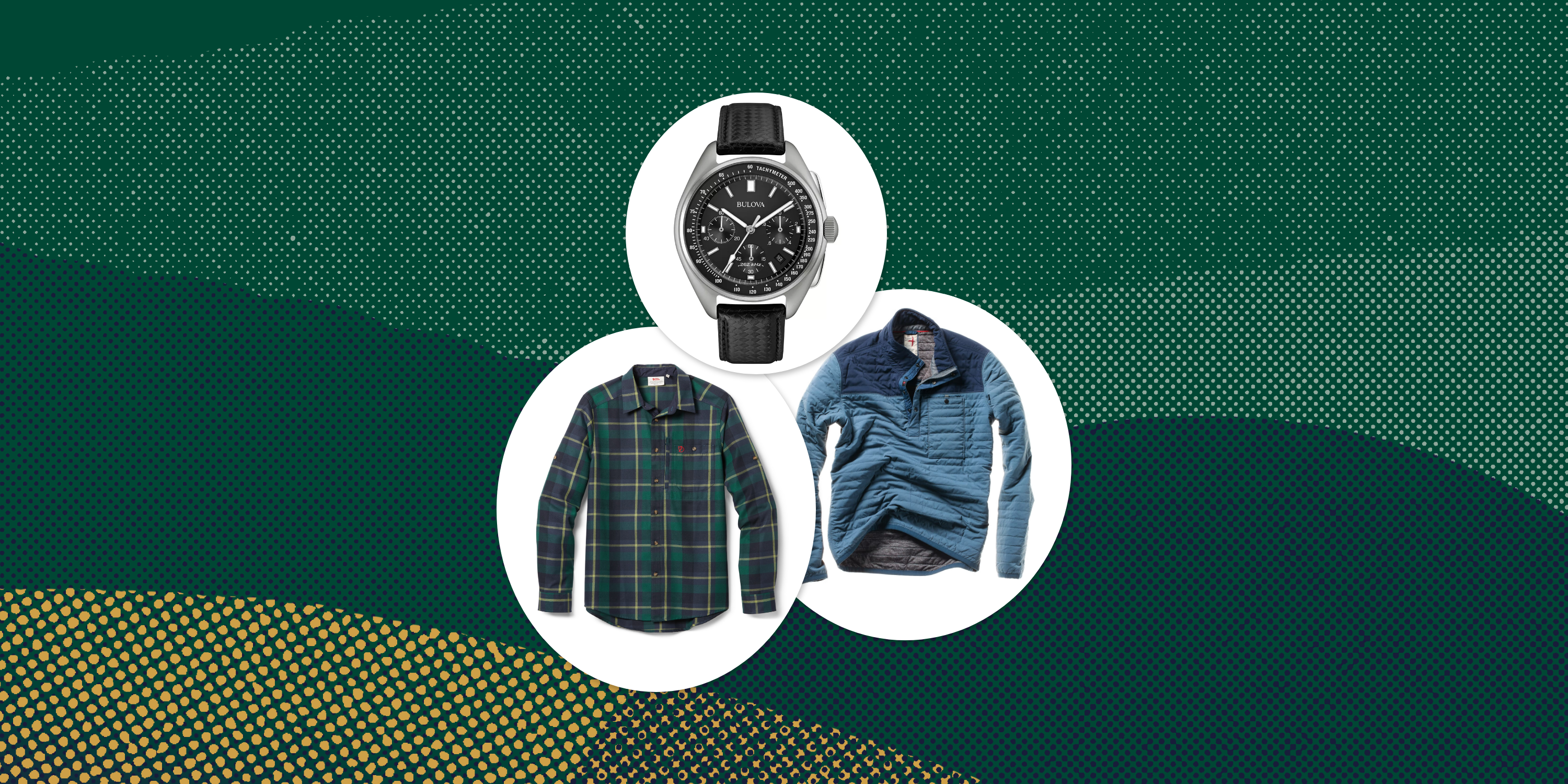 collage of a jacket, a flannel, and a watch