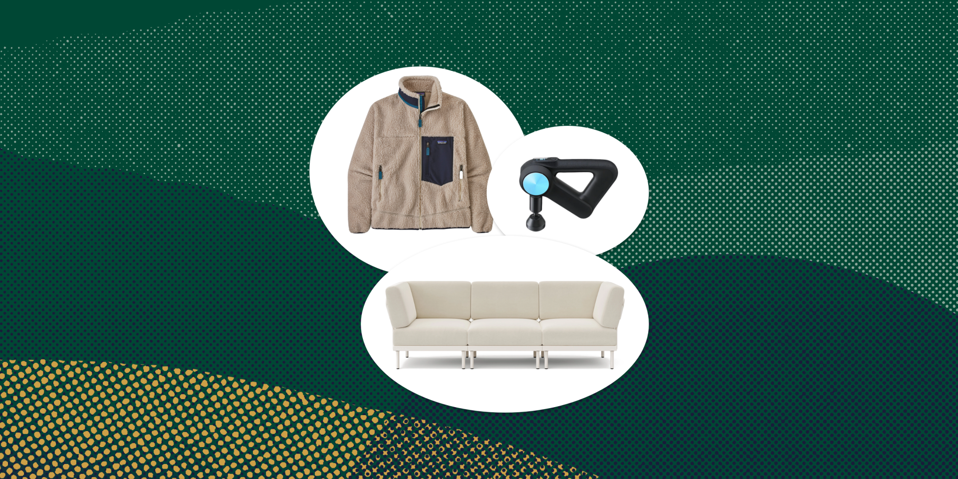 collage of a pullover jacket, a massage gun, and a couch