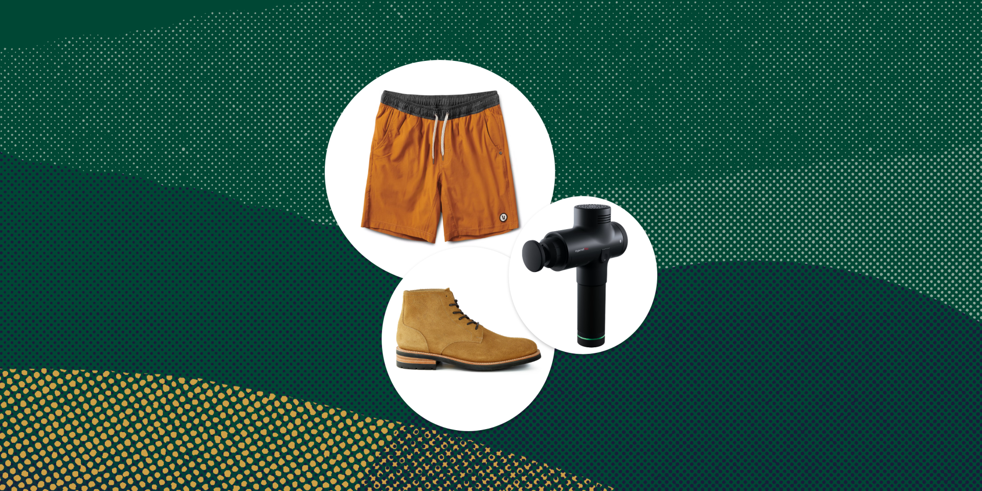 collage of shorts, a shoe, and a massage gun