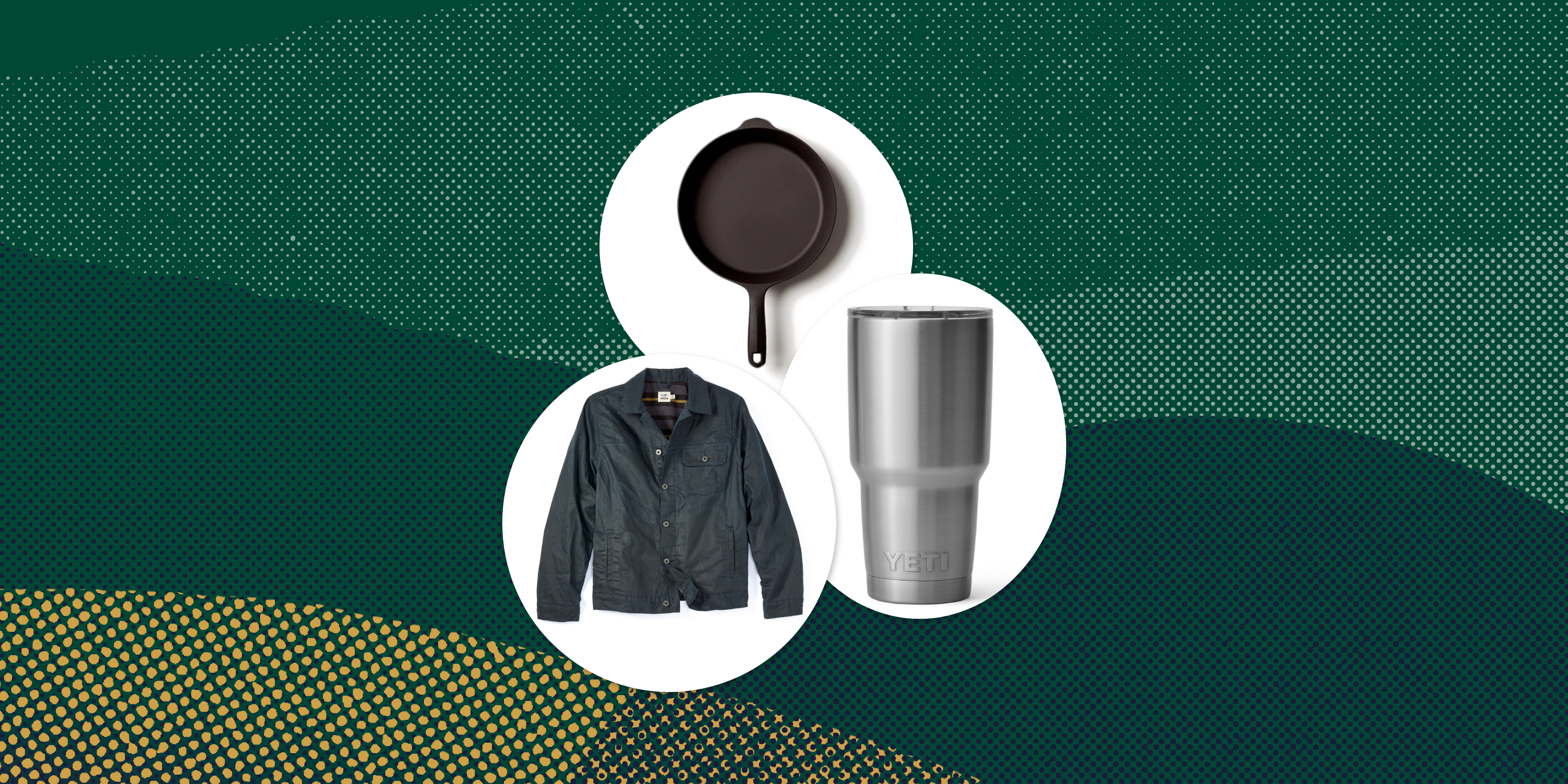 collage of a jacket, a cast iron pan, and a yeti tumbler