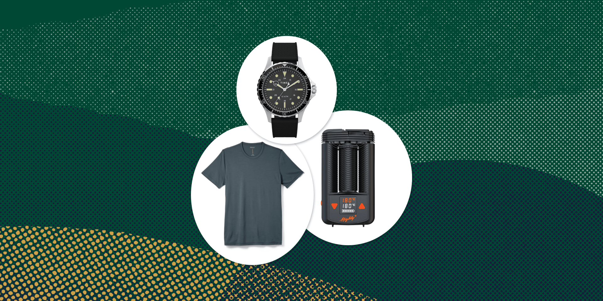 collage of a tshirt, a watch, and a vape