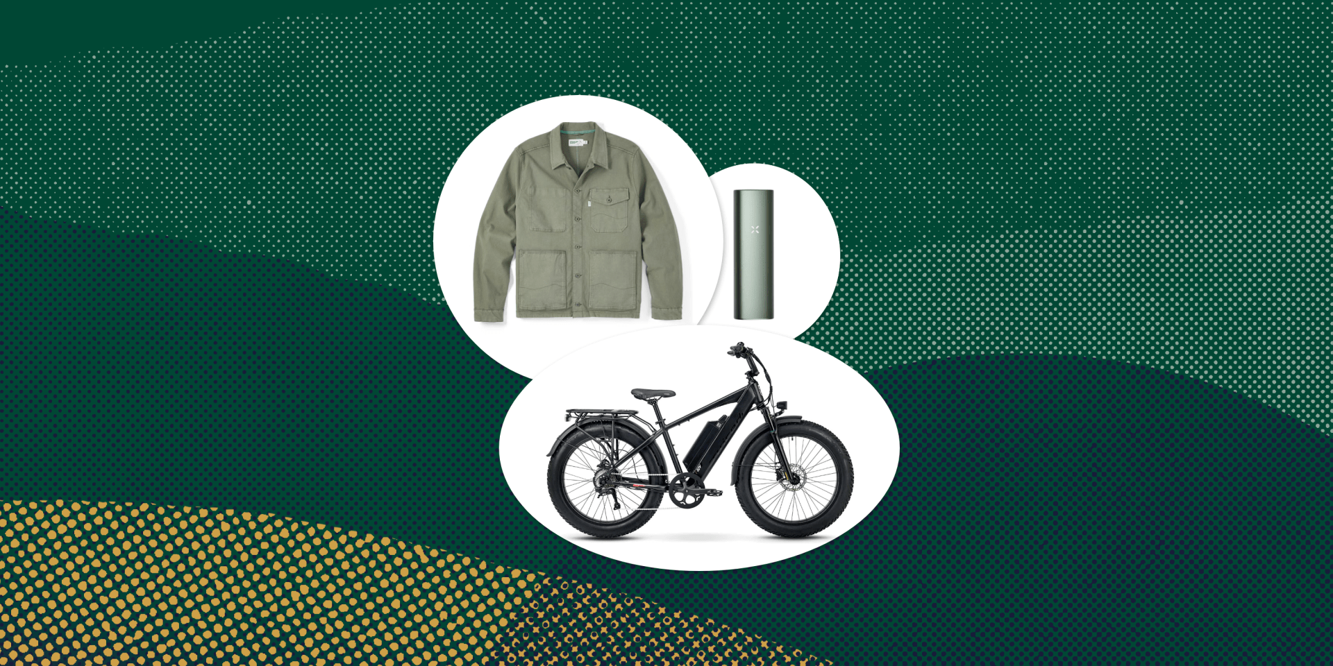 collage of a jacket, a vape, and a bike