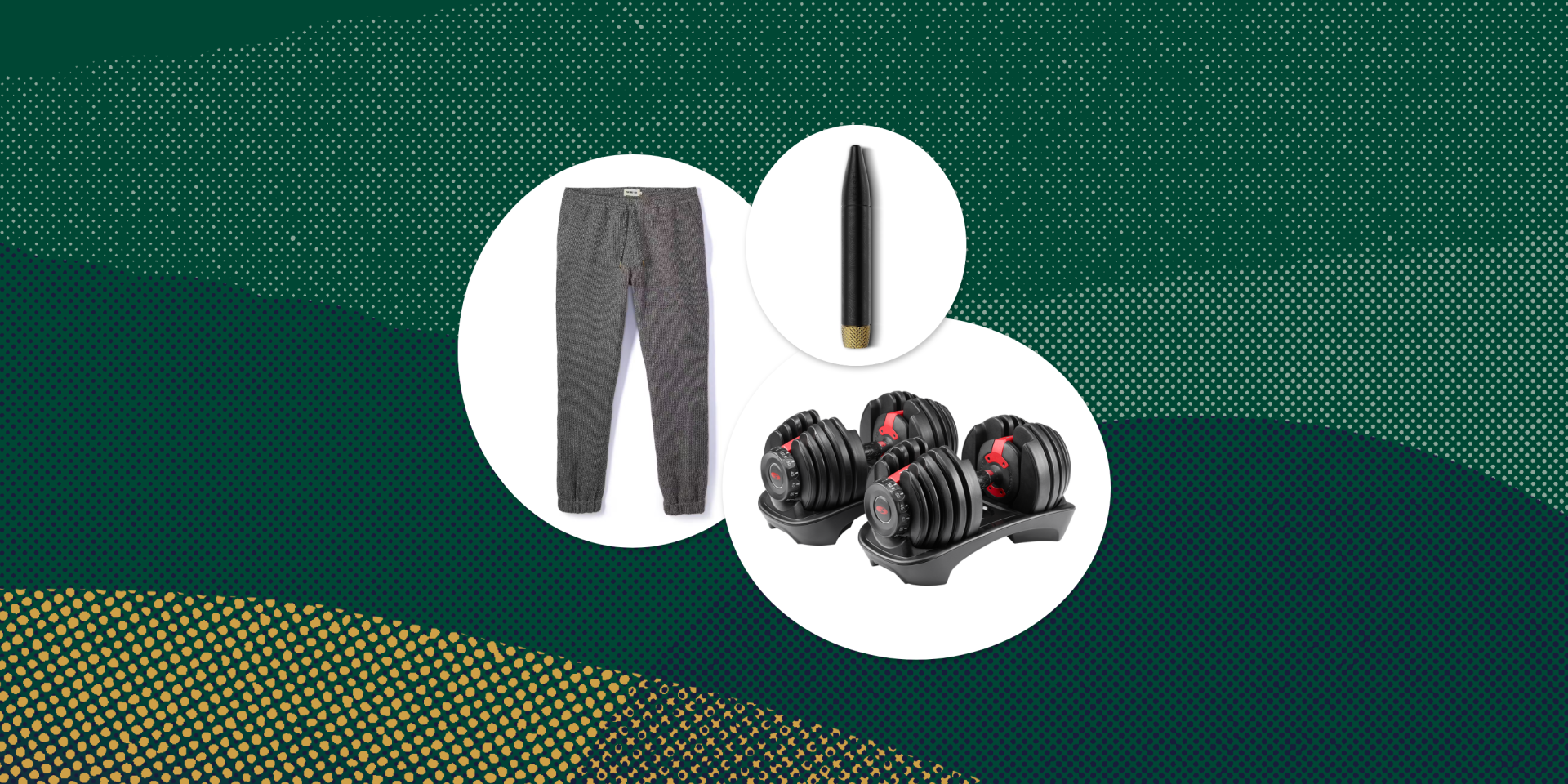 collage of pants, a vape pen, and weights