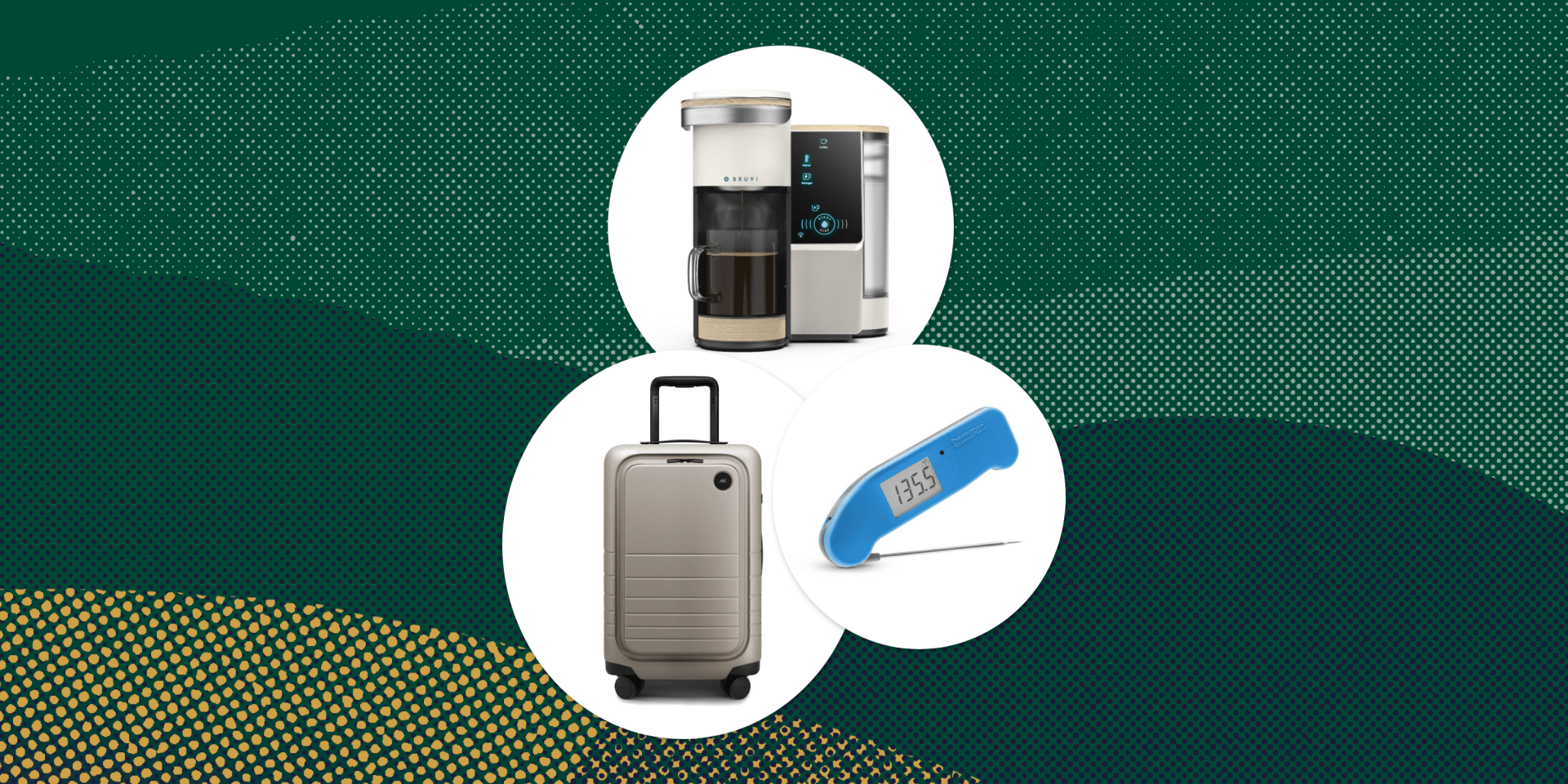 collage of a coffee maker, suitcase, and thermometer