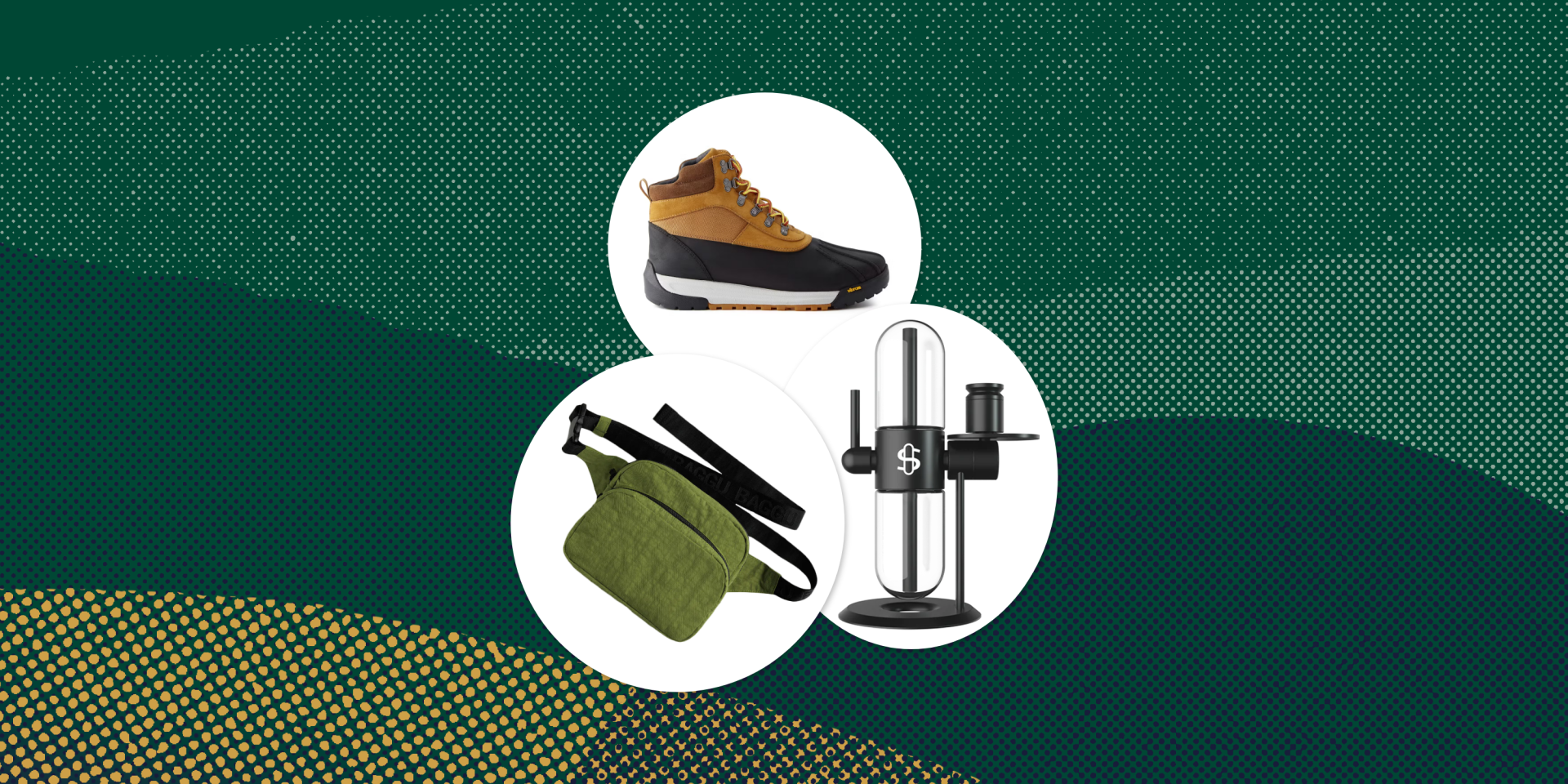 collage of a hiking boot, a fanny pack, and a gravity bong