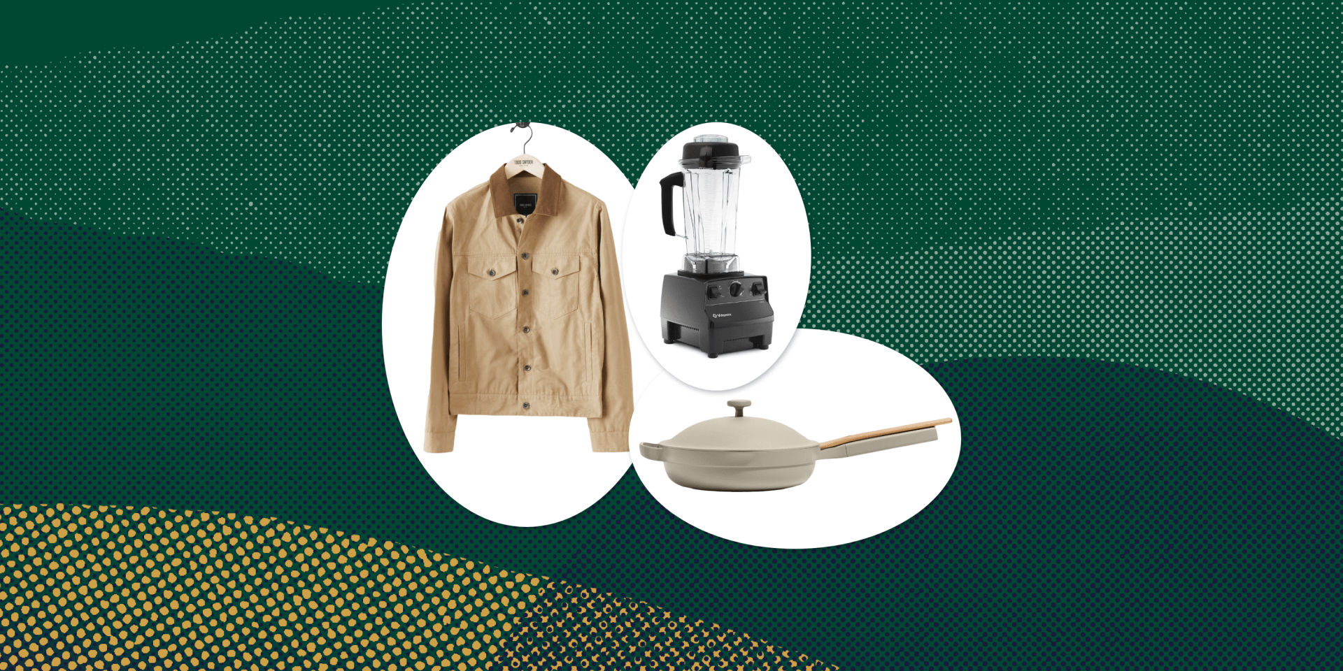 collage of a jacket, a blender, and a pan