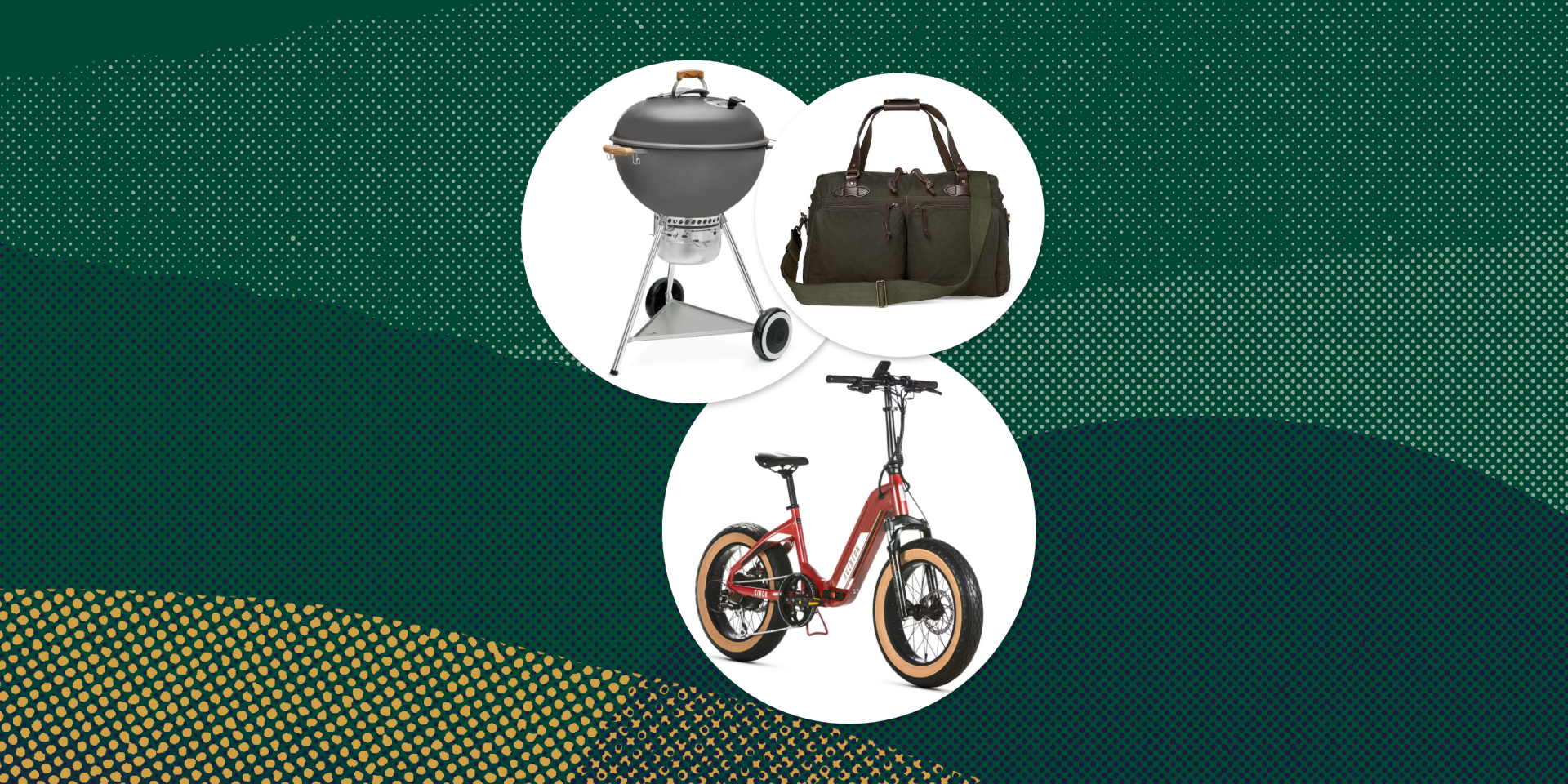 collage of a grill, bag, and bike
